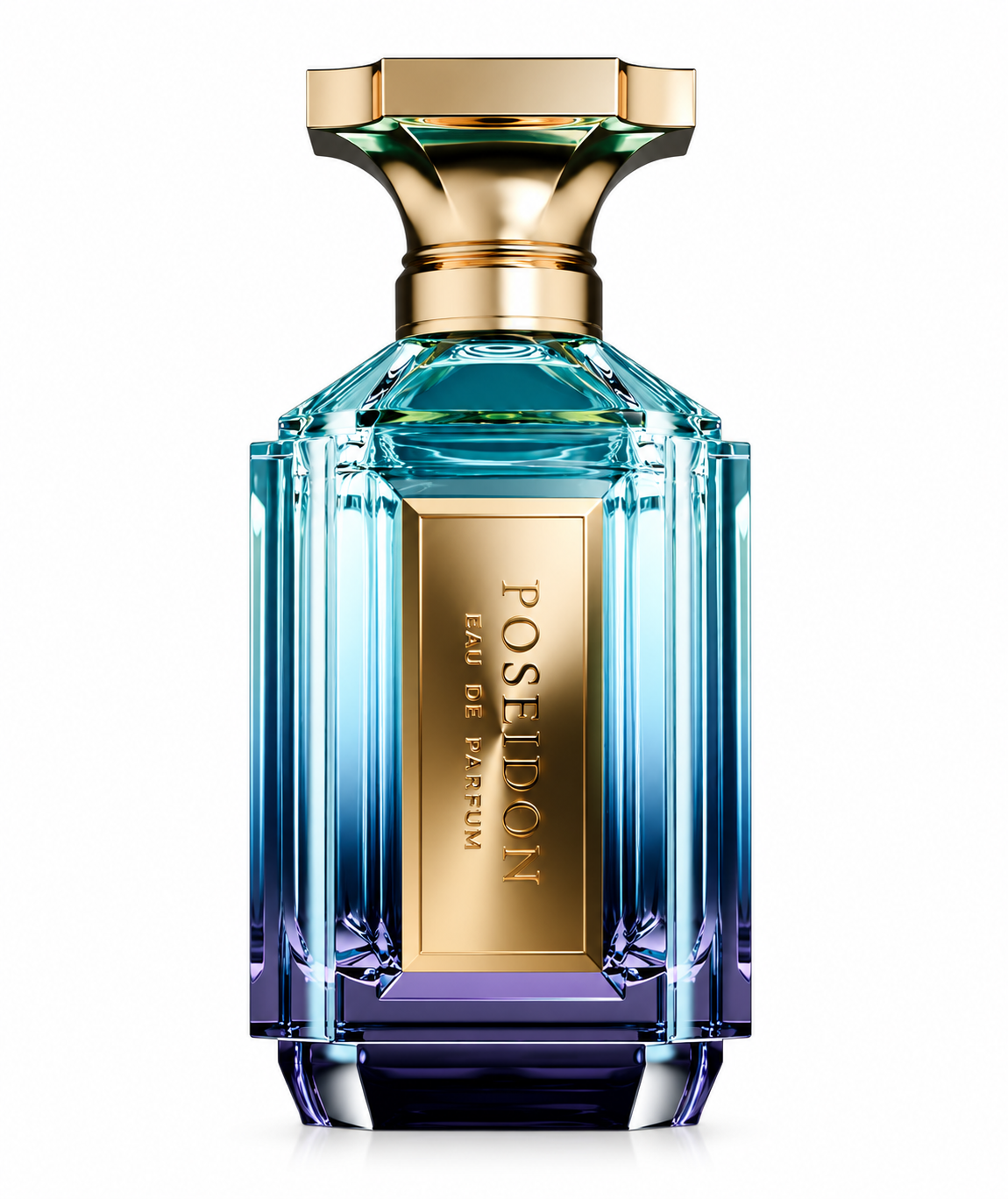Poseidon Eau de Parfum in a luxurious faceted glass bottle with an aqua blue to deep navy gradient, finished with a sculptural gold cap and vertical gold Poseidon plaque on a clean white background.
