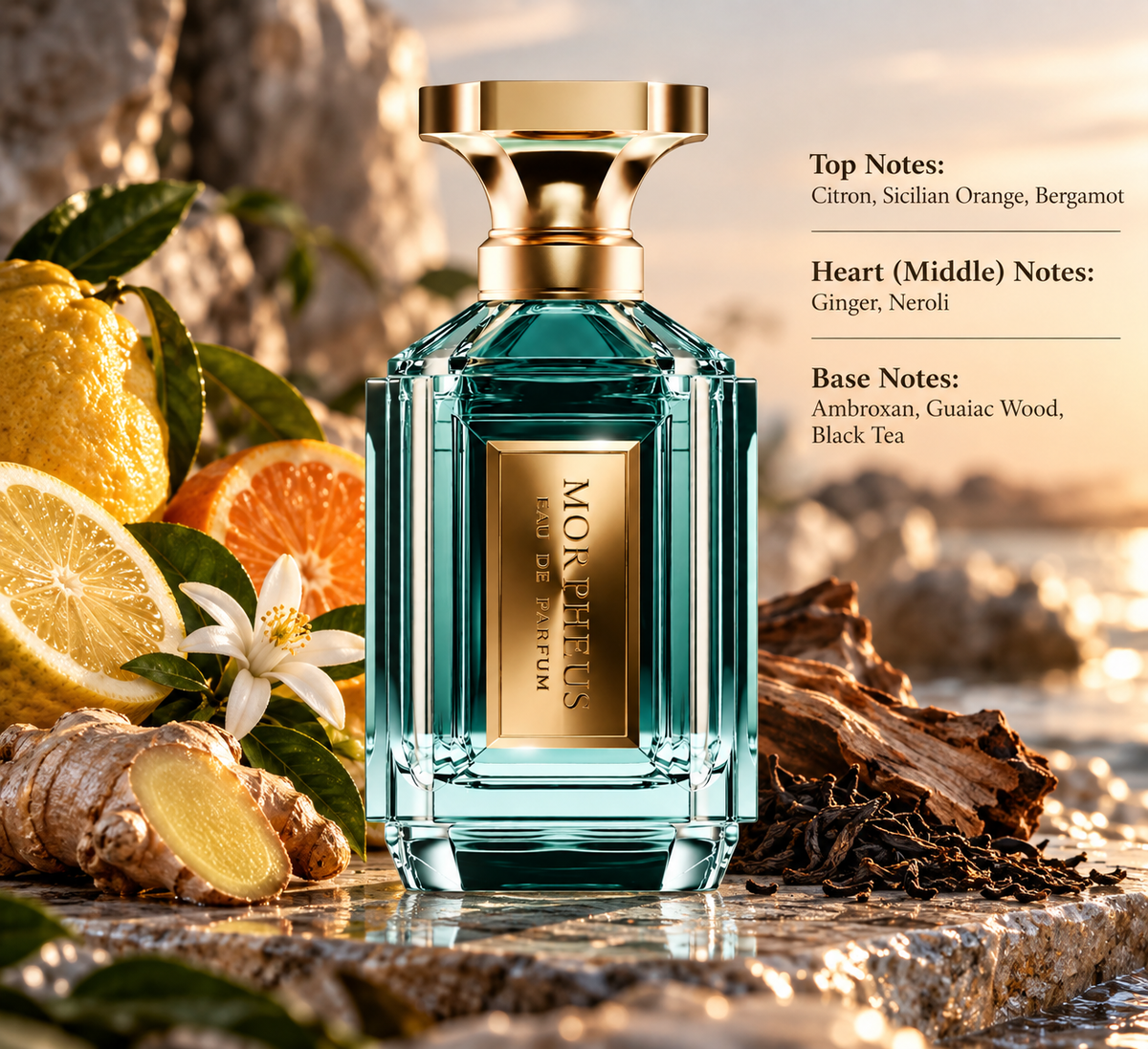 Morpheus Eau de Parfum in a fresh coastal setting with citron, Sicilian orange, bergamot and ginger, neroli blossom, guaiac wood and black tea accents, presented in warm natural sunlight.