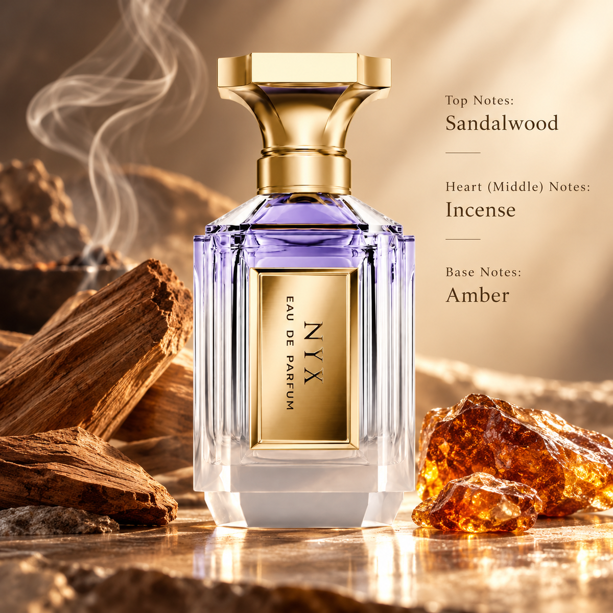 NYX Eau de Parfum in a luxurious lavender-tinted glass bottle with an ornate gold cap, surrounded by natural sandalwood, aromatic incense smoke and glowing amber resin. An elegant woody oriental fragrance with warm sandalwood, smoky incense and rich amber notes.
