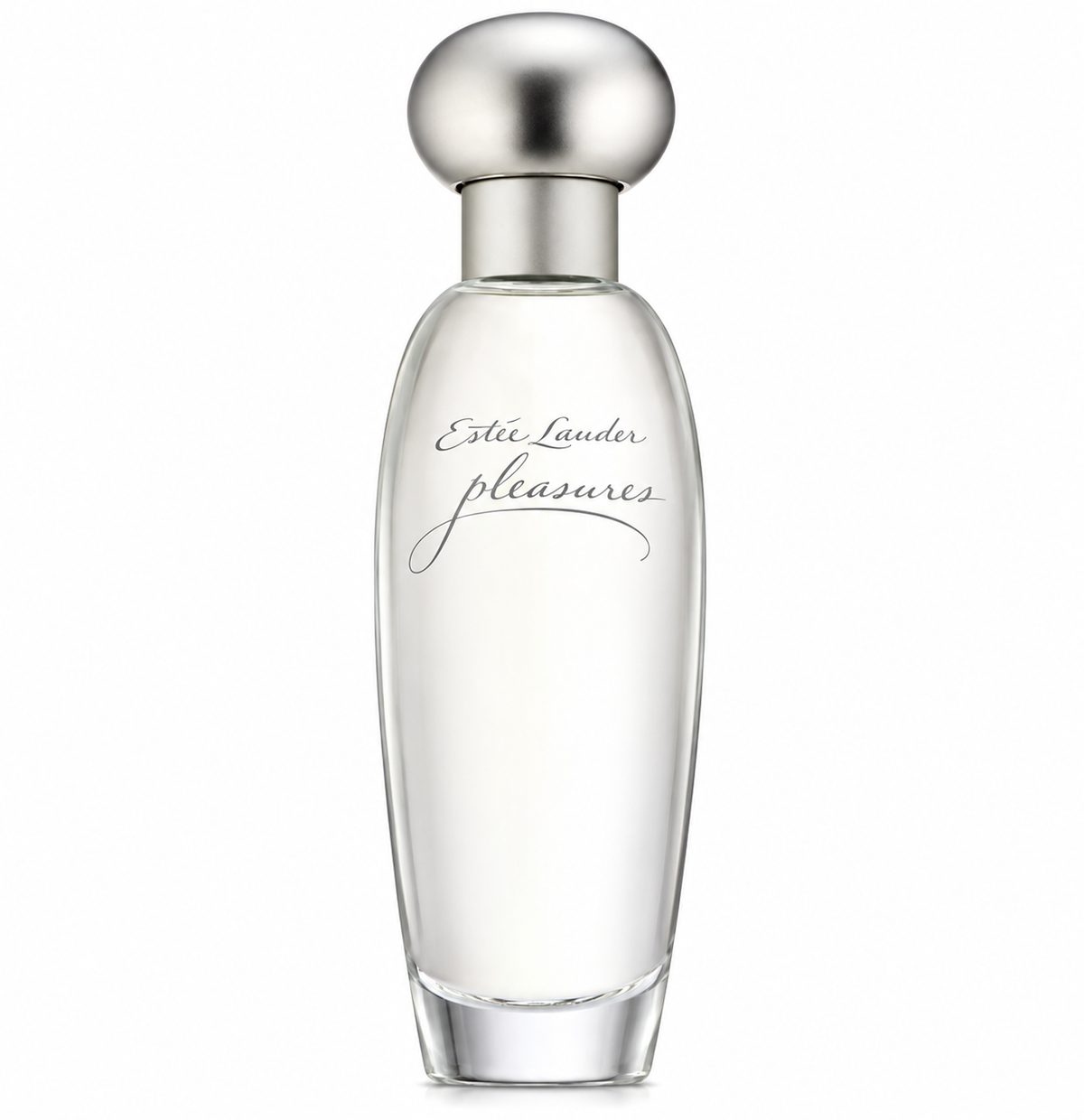 Estée Lauder Pleasures Eau de Parfum for women, featuring an elegant, slender transparent glass bottle with a soft silver spherical cap and delicate Pleasures lettering, photographed against a clean white background. A timeless feminine floral perfume with a minimalist, sophisticated design.