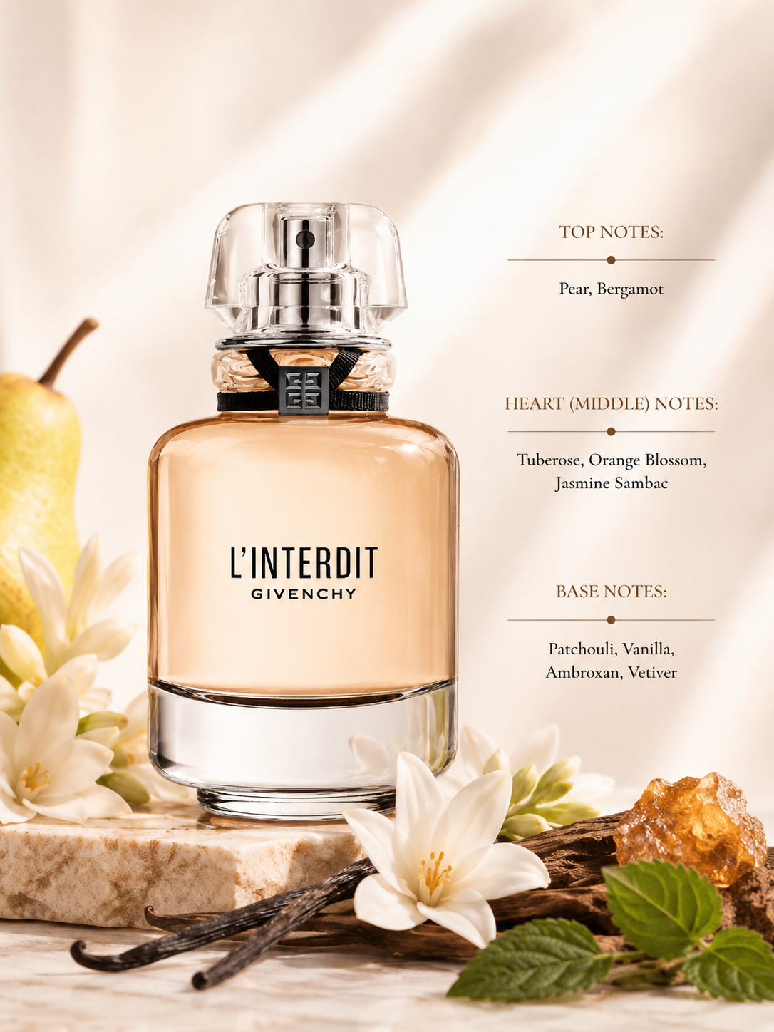 Givenchy L'Interdit Eau de Parfum with fragrance notes, displayed beside pear, white flowers, vanilla pods, amber resin and patchouli, highlighting its elegant floral, woody and amber composition.