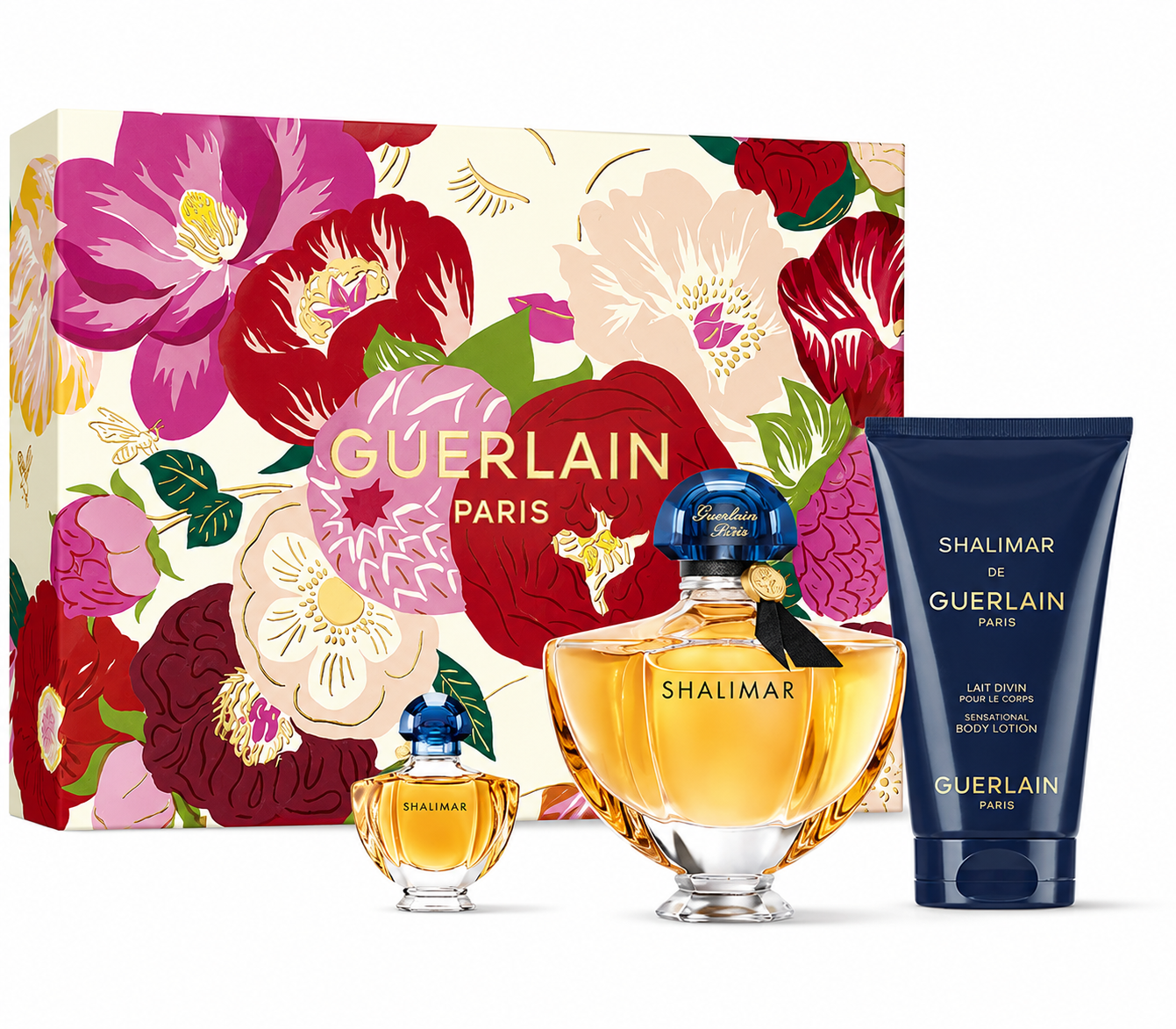 Guerlain Shalimar Gift Set featuring the iconic Shalimar Eau de Parfum, a travel-size miniature, and a luxurious body lotion, presented alongside an elegant floral gift box with vibrant red, pink, and cream blossoms. The legendary oriental fragrance blends sparkling bergamot with an opulent heart of iris, jasmine, and rose, settling into a sensual base of vanilla, tonka bean, incense, opoponax, and balsamic notes for a warm, timeless, and sophisticated scent experience.