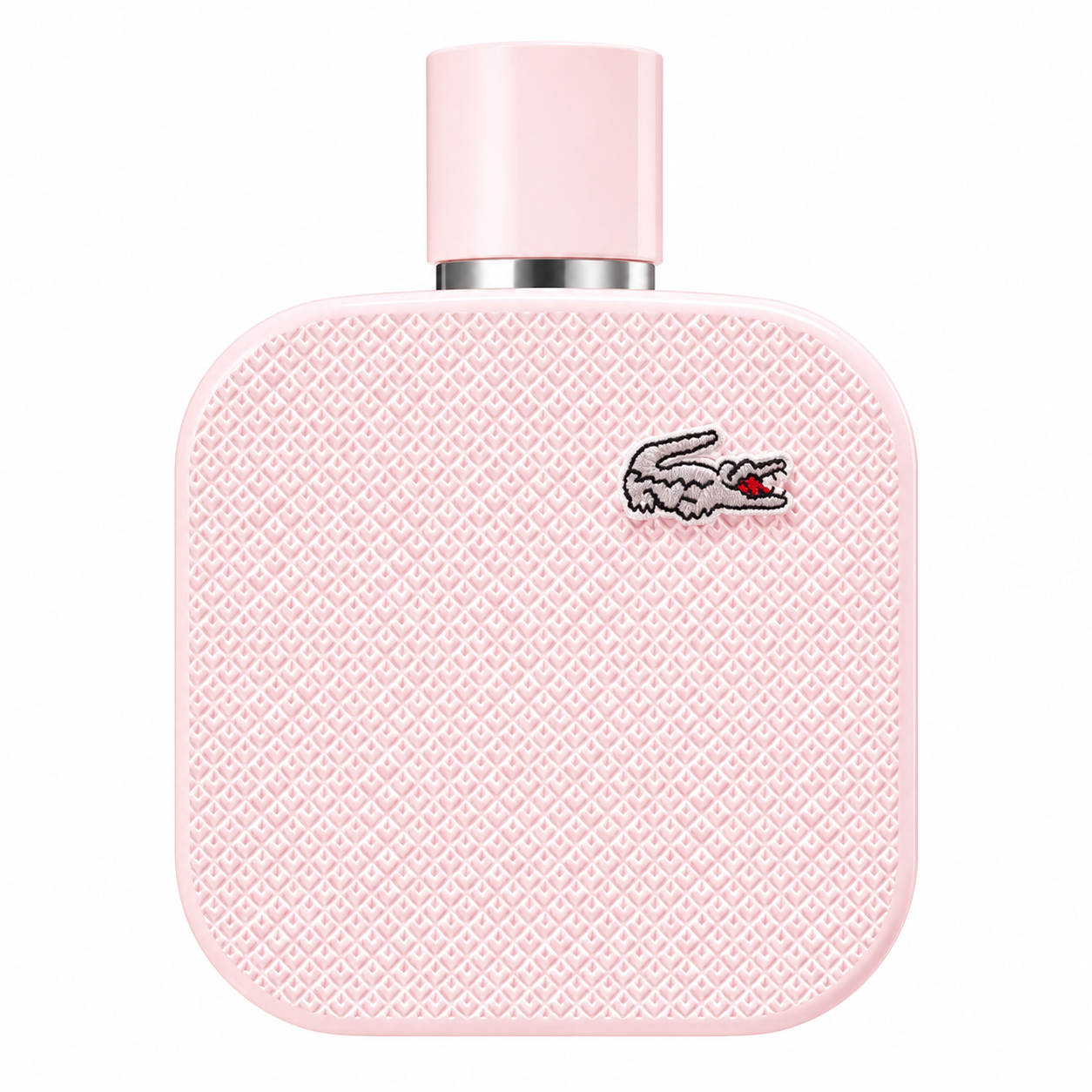 Lacoste L.12.12 Rose Eau de Parfum in a soft pink textured bottle with the iconic Lacoste crocodile logo, photographed on a clean white background.