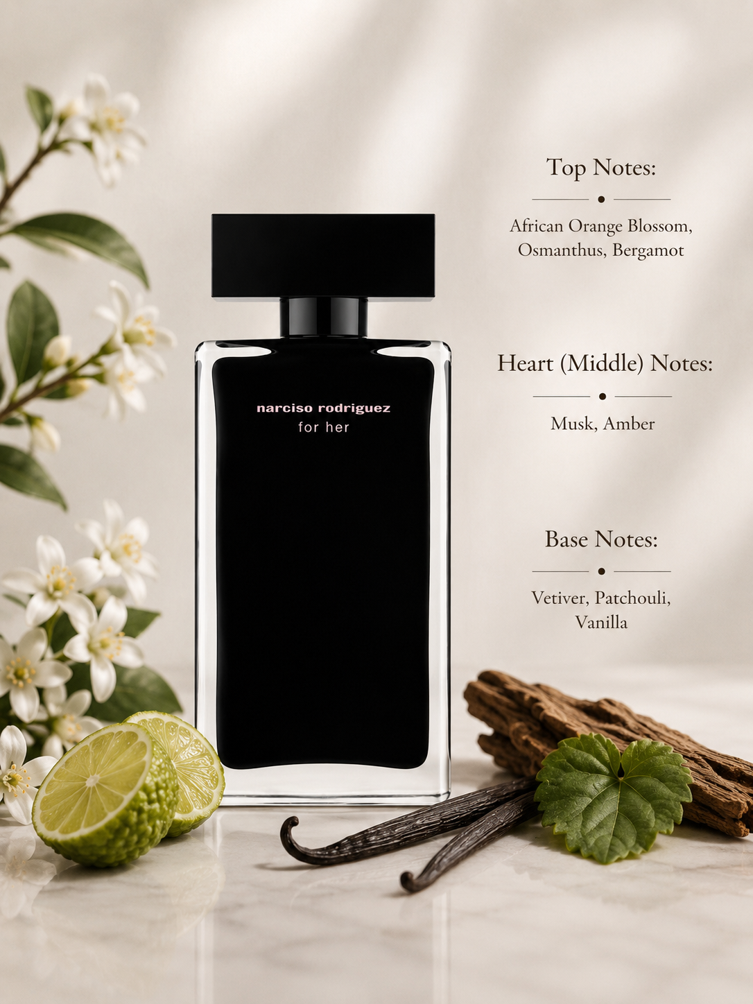 Narciso Rodriguez For Her Eau de Parfum Intense displayed with fragrance notes, surrounded by orange blossom, bergamot, osmanthus flowers, vanilla pods, patchouli leaves, vetiver wood, and warm woody accents, highlighting its floral, musky, amber, and sensual woody fragrance profile.