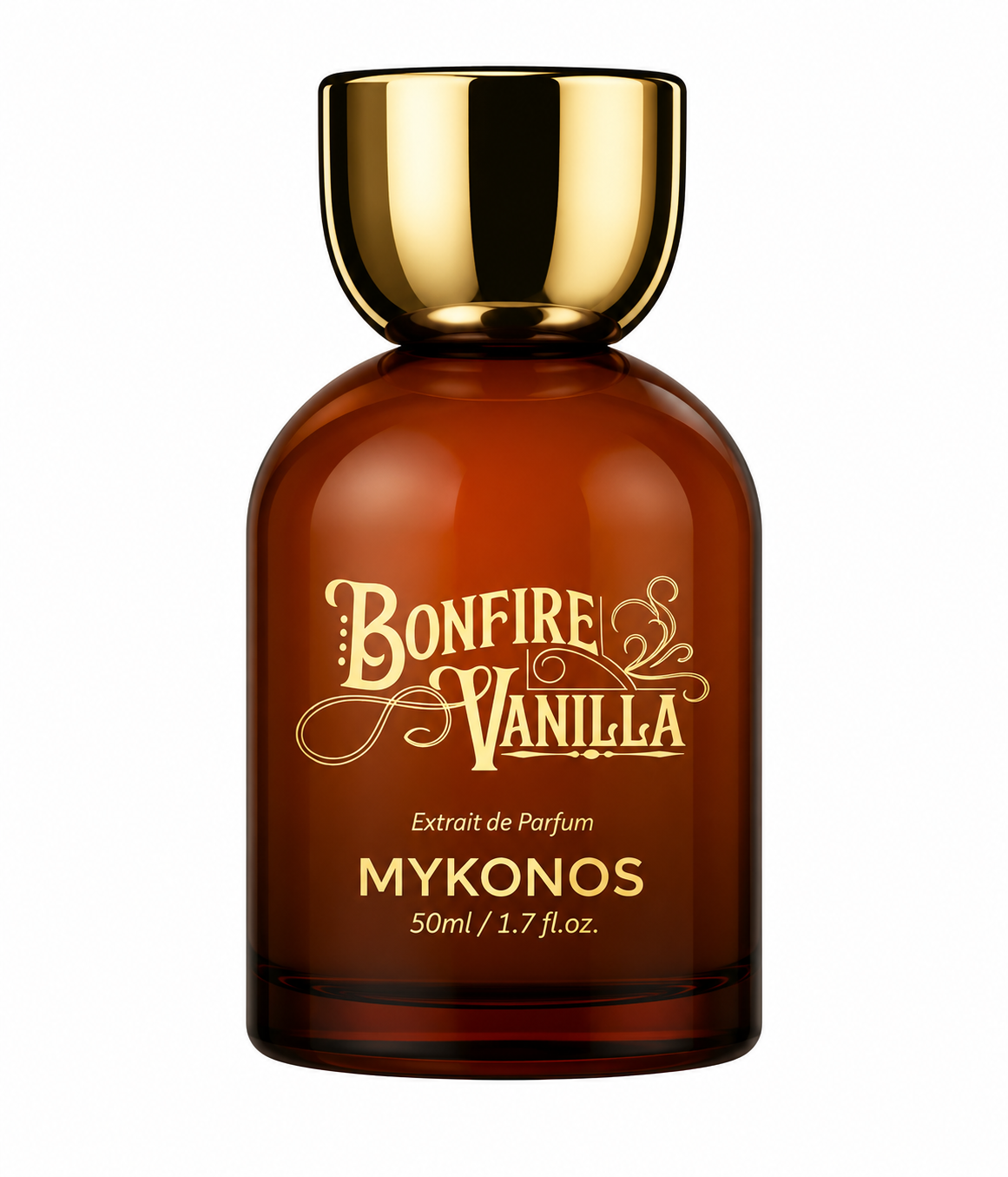 Mykonos Bonfire Vanilla 50ml Extrait de Parfum in an elegant amber glass bottle with a polished gold cap, isolated on a clean white background.