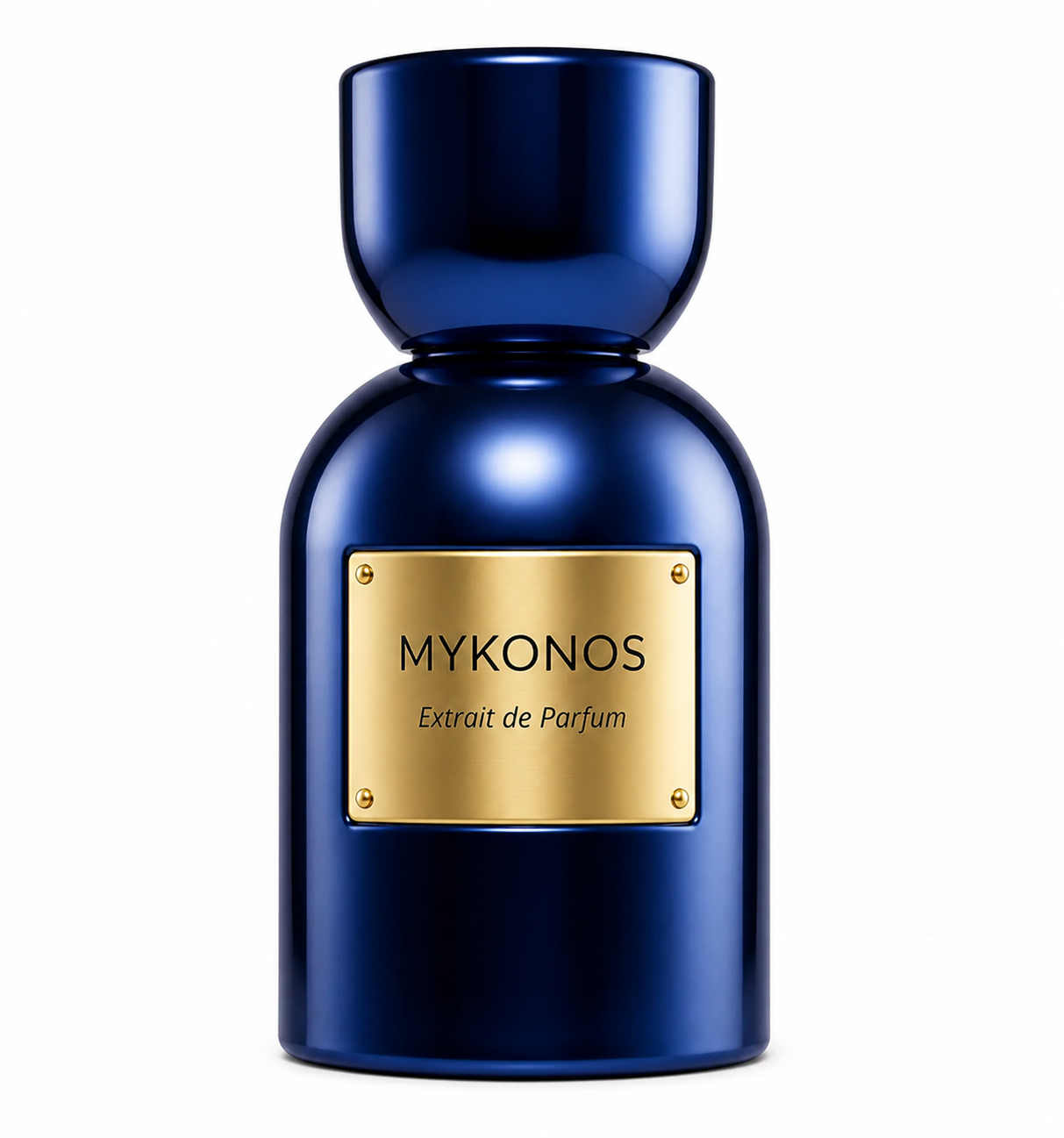 Mykonos Inception Extrait de Parfum in a deep navy blue bottle with a premium gold plaque, isolated on a clean white background.