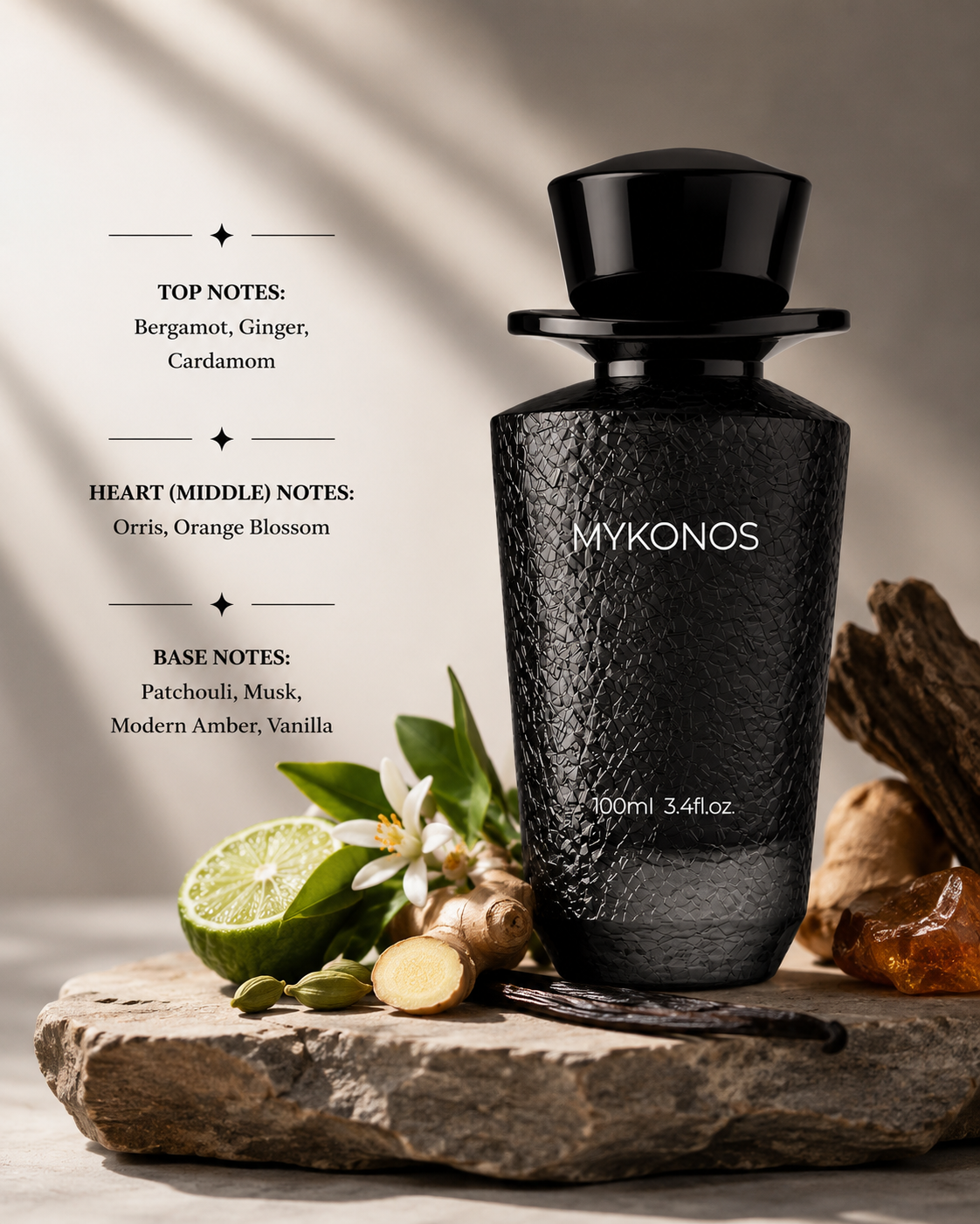 Mykonos Conquer 100ml Eau de Parfum displayed with bergamot, ginger, cardamom, orange blossom, vanilla, amber, patchouli and musk, highlighting its warm spicy woody fragrance composition.