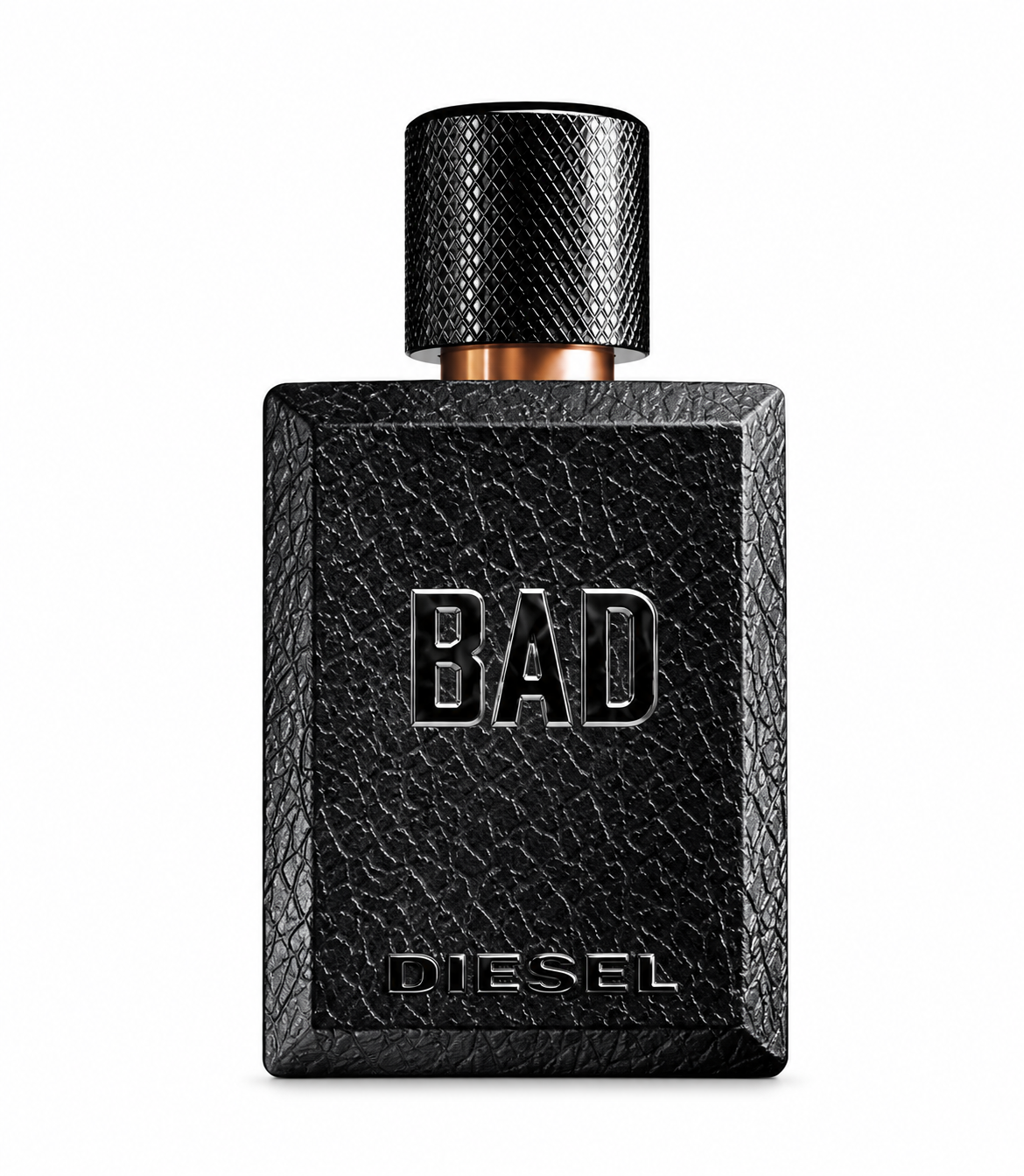 Diesel BAD Eau de Toilette for men, featuring a bold black rectangular perfume bottle with a textured leather-effect finish, embossed BAD and DIESEL lettering, a diamond-patterned black cap and copper-toned neck detailing, photographed against a clean white background.
