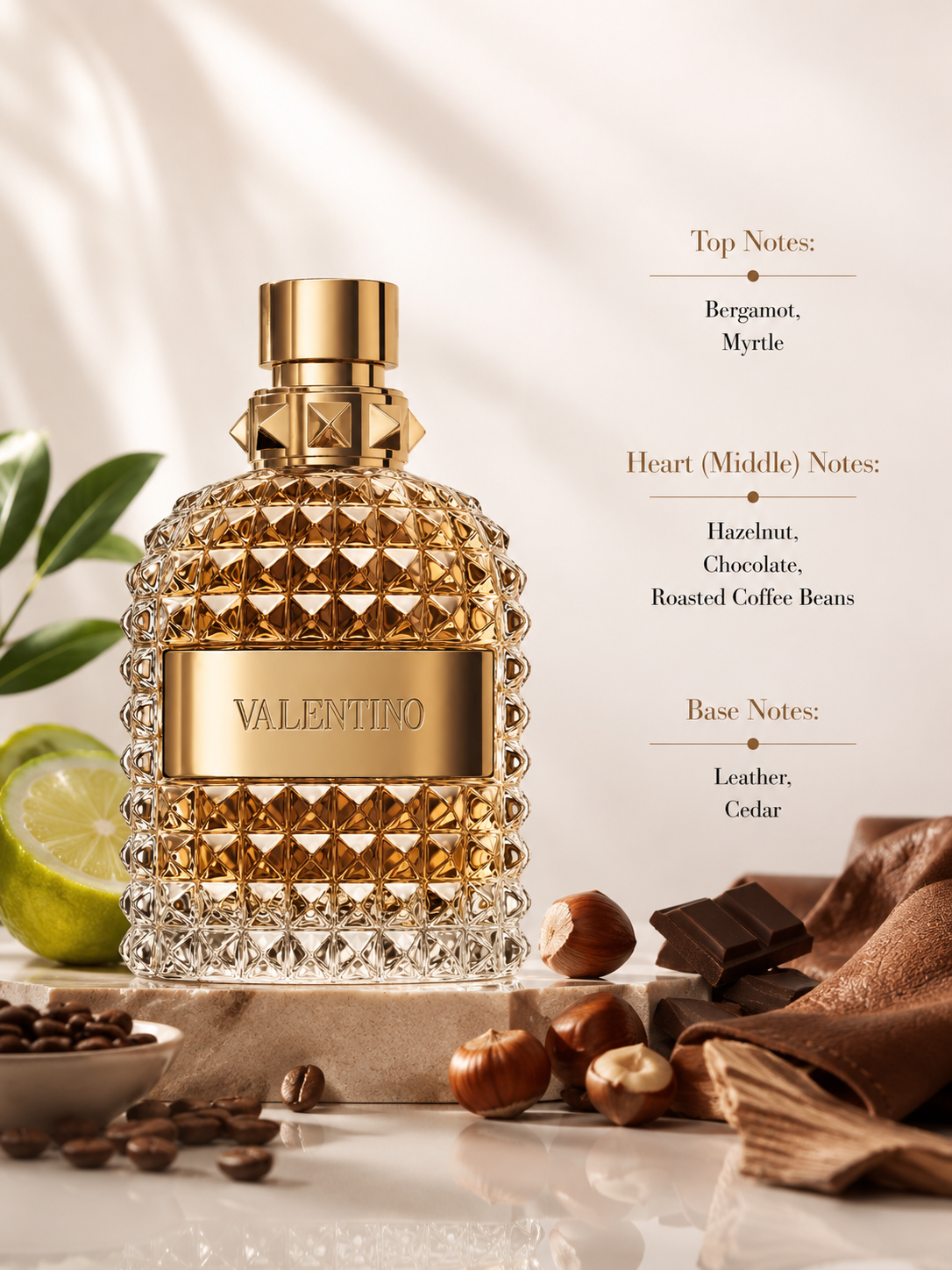 Valentino Uomo Born in Roma Green Stravaganza Eau de Toilette displayed with fragrance notes, surrounded by bergamot, hazelnuts, coffee beans, chocolate, leather, and cedar wood, highlighting its aromatic gourmand composition with fresh bergamot, rich hazelnut and roasted coffee, and a warm leathery woody base.