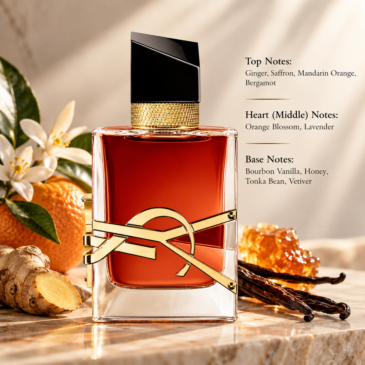 Yves Saint Laurent Libre Le Parfum 50ml presented in a warm, luxurious composition inspired by its rich floral-gourmand fragrance profile, featuring ginger, saffron, mandarin orange and bergamot, orange blossom and lavender, with an indulgent base of bourbon vanilla, honey, tonka bean and vetiver.