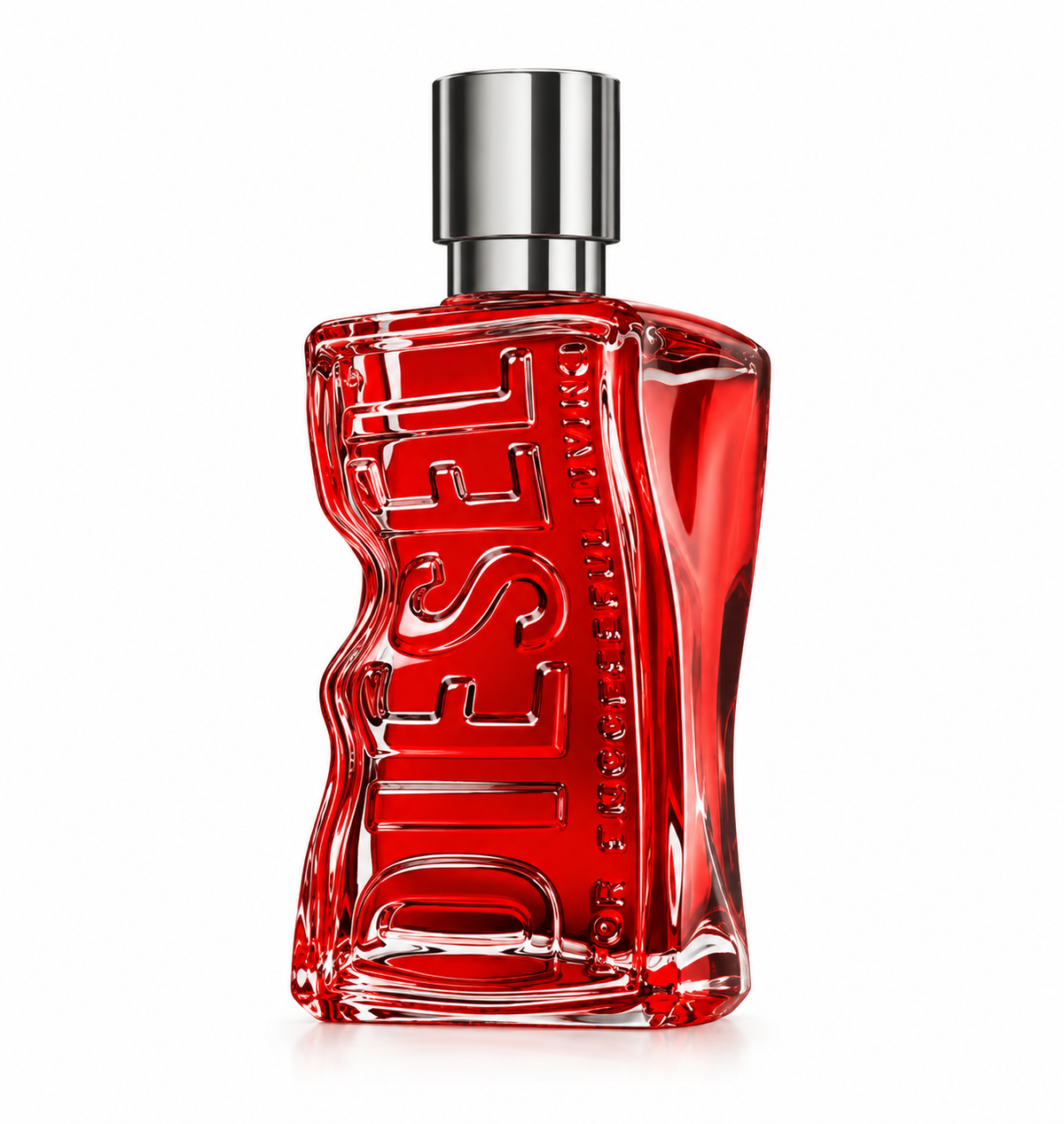 Diesel D by Diesel perfume bottle in vivid red glass with embossed logo detailing and a polished silver cap, photographed on a clean white background.