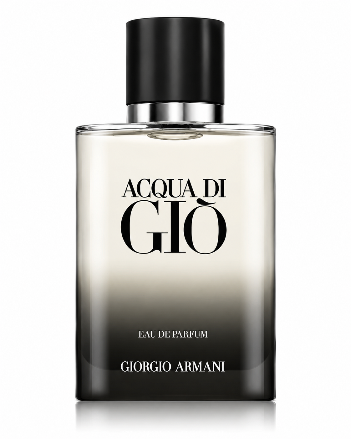 Giorgio Armani Acqua di Giò Eau de Parfum bottle with a minimalist frosted glass design fading to black and a sleek black cap.