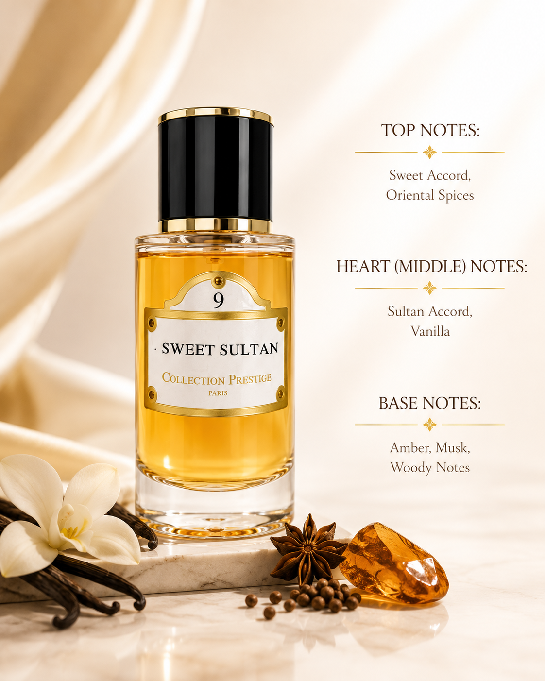 Collection Prestige Sweet Sultan No. 9 Eau de Parfum displayed in an elegant setting with vanilla pods, star anise, amber resin, peppercorns, and white orchid flowers, reflecting its warm oriental composition. This refined fragrance blends sweet accords and oriental spices with a creamy vanilla heart before settling into a rich base of amber, musk, and woody notes, creating a sensual, elegant, and long-lasting fragrance experience.