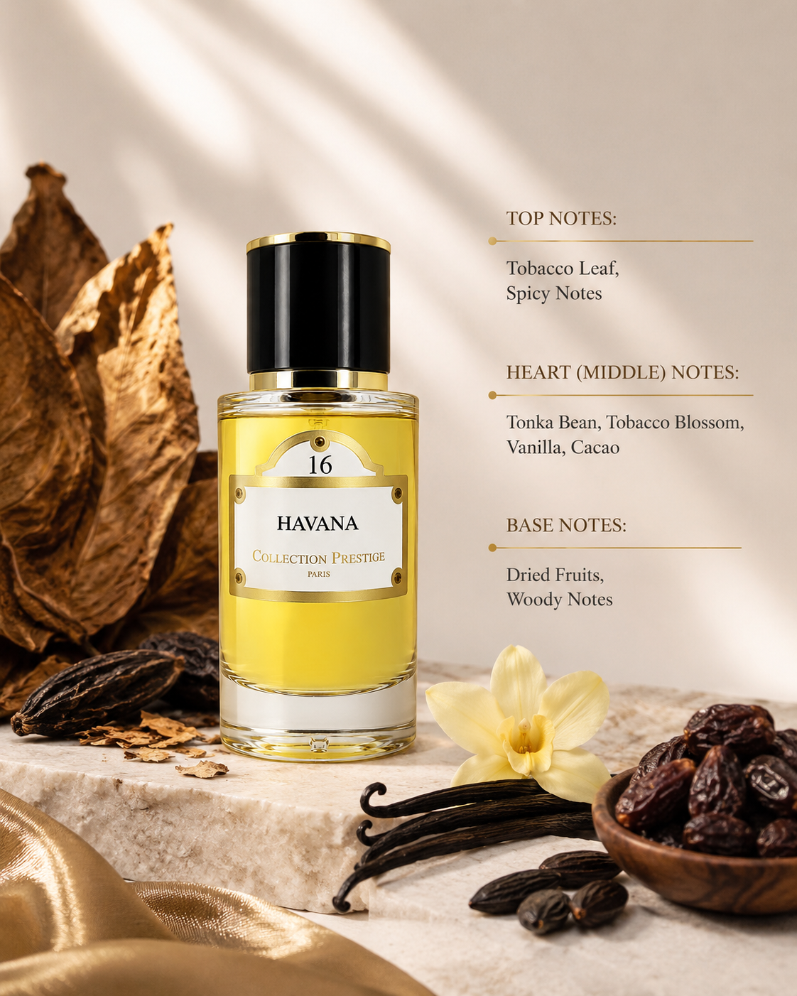 Collection Prestige Havana No.16 Extrait de Parfum 50ml displayed with tobacco leaves, vanilla pods, tonka beans, cacao, dried fruits, and woody elements, illustrating its warm spicy tobacco fragrance with rich gourmand notes.