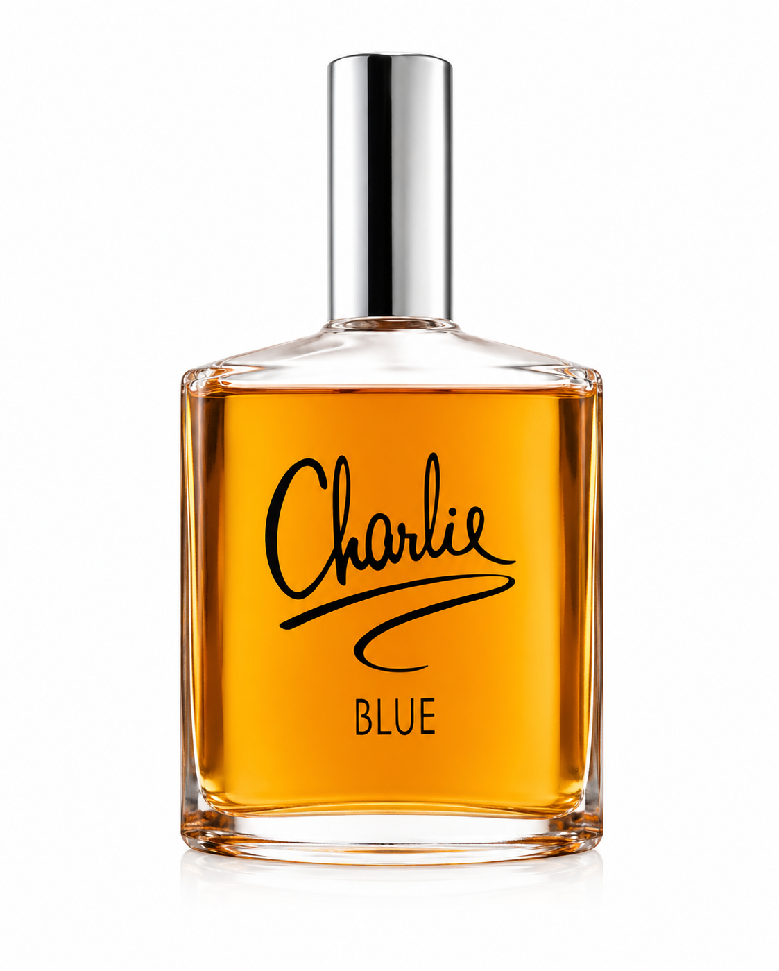 Charlie Blue fragrance bottle with amber-colored liquid, a silver cap, and black lettering on a white background.