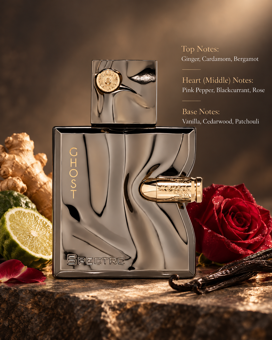 French Avenue Spectre Ghost Eau de Parfum displayed on a textured stone surface with fresh ginger, bergamot, deep red rose and vanilla pods. An elegant Arabic fragrance composition featuring spicy ginger, cardamom, pink pepper, rose, warm vanilla, cedarwood and patchouli, against a luxurious brown background.