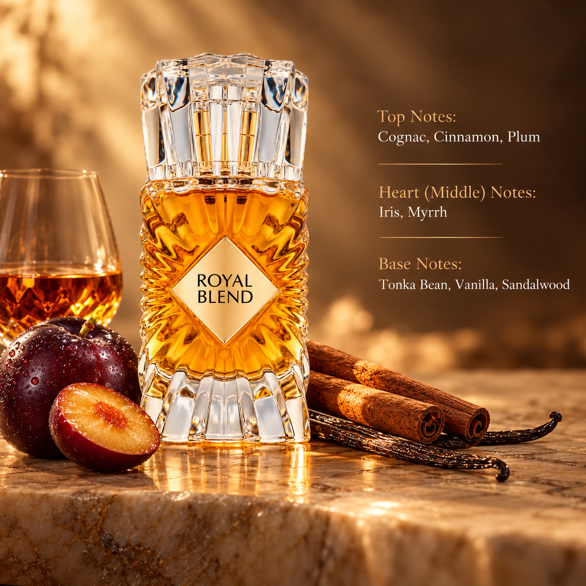 Royal Blend luxury amber perfume bottle displayed on elegant beige marble, surrounded by ripe plums, cinnamon sticks and vanilla pods, with a glass of cognac. Warm, sophisticated fragrance composition featuring cognac, cinnamon, plum, iris, myrrh, tonka bean, vanilla and sandalwood notes.
