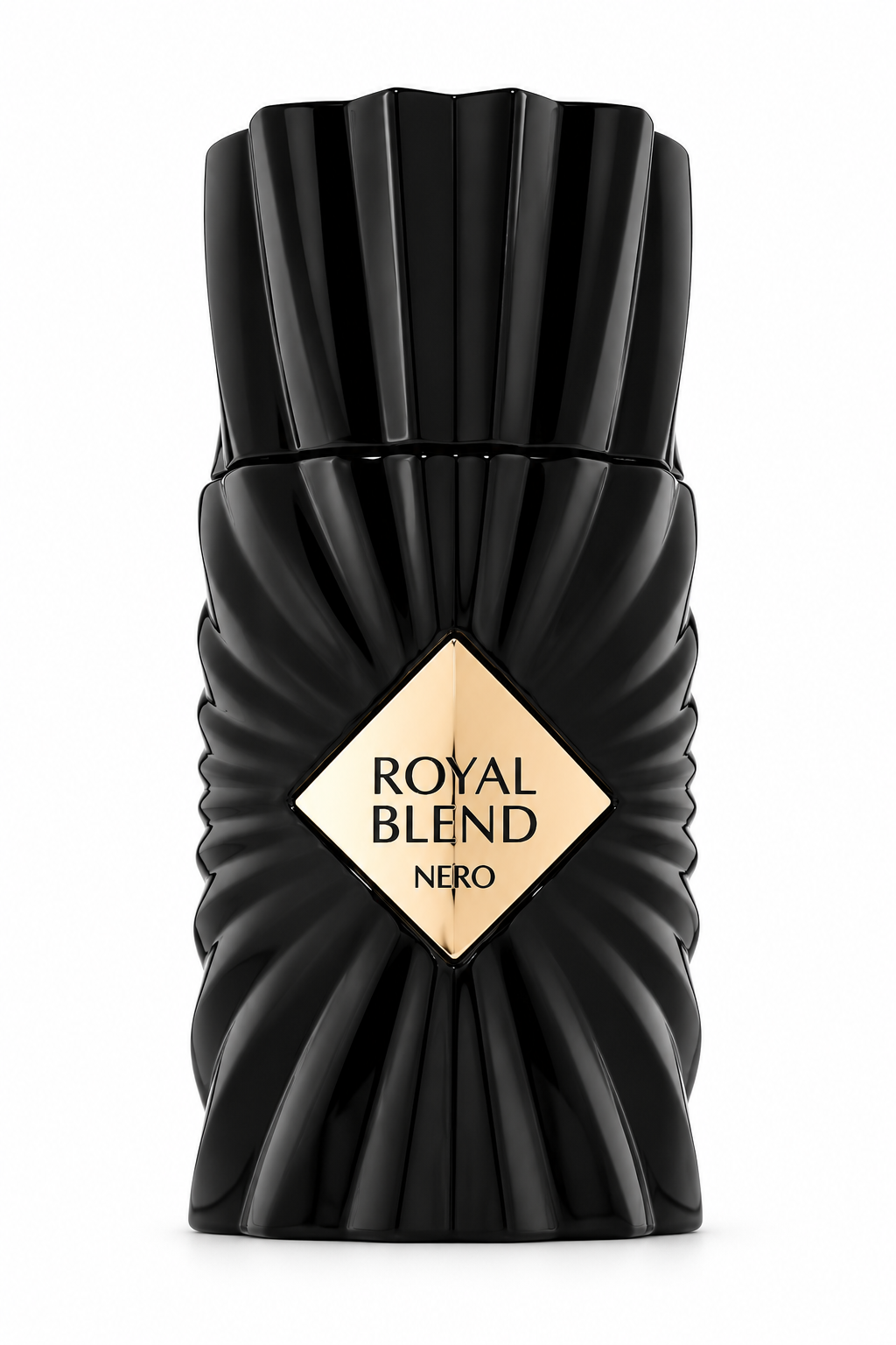 Royal Blend Nero luxury perfume bottle featuring a glossy black sculpted design, elegant ribbed detailing and a diamond-shaped gold label with black lettering. Sophisticated fragrance packaging with a matching black cap, photographed against a pure white background for a premium presentation.