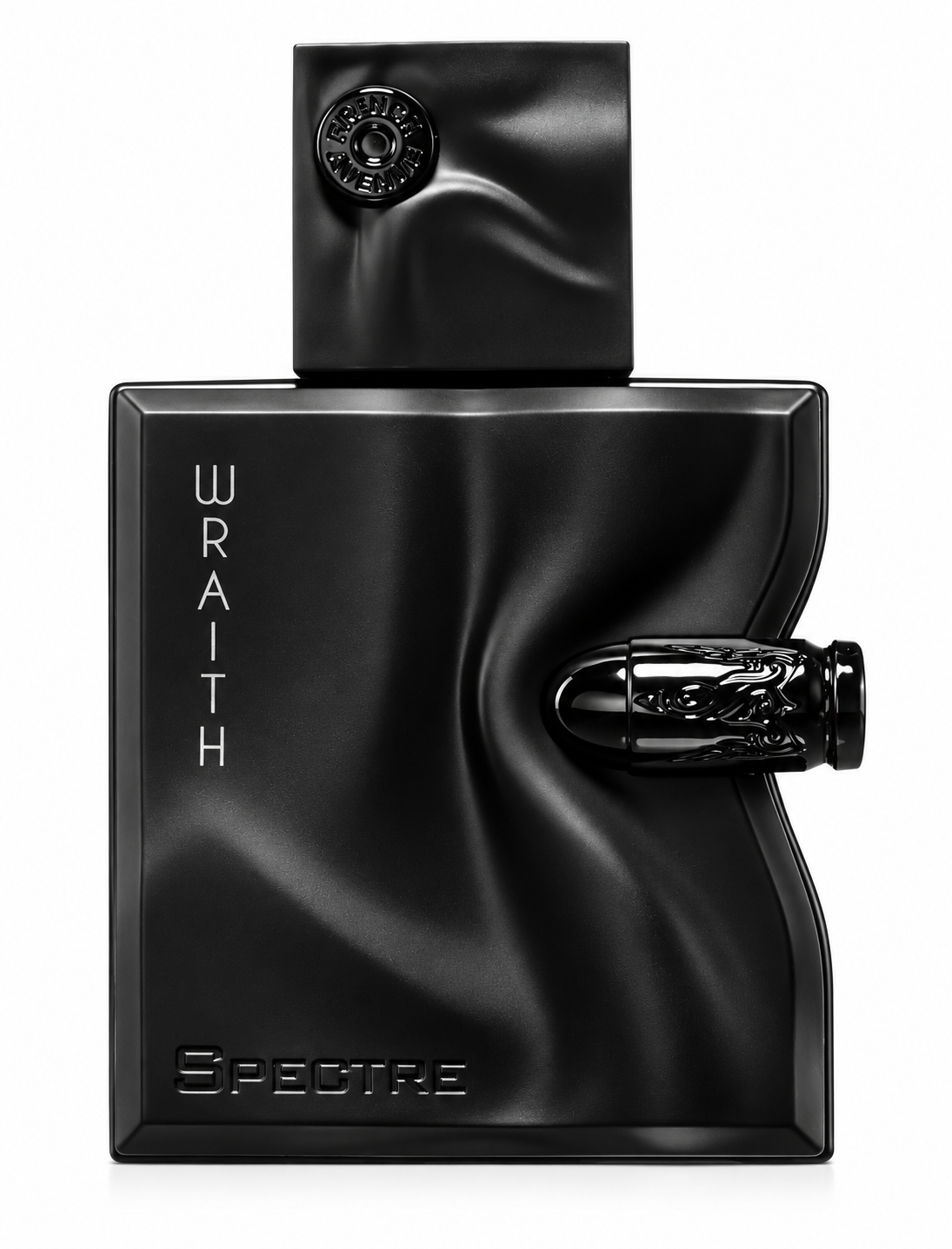 French Avenue Spectre Wraith Eau de Parfum for men in a distinctive matte black bottle with sculpted details, embossed Spectre logo and vertical Wraith lettering, photographed against a clean, pure white background.