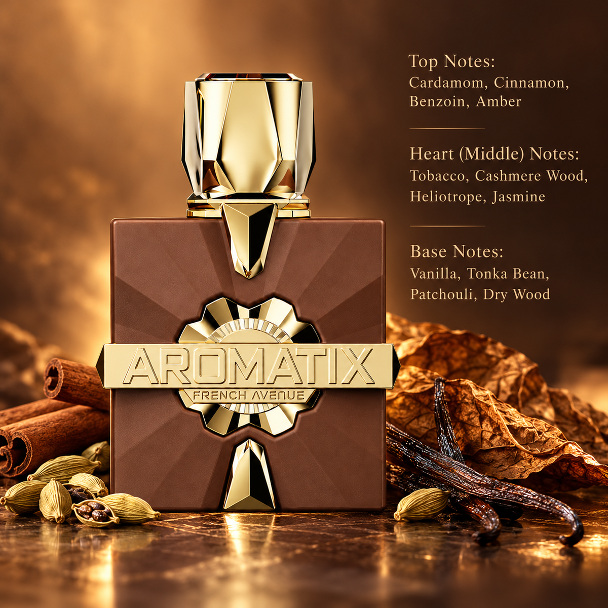 French Avenue Aromatix perfume displayed in a warm, luxurious setting with cinnamon sticks, cardamom, tobacco leaves and vanilla pods. A rich spicy woody fragrance featuring amber, tobacco, cashmere wood, tonka bean and patchouli notes.