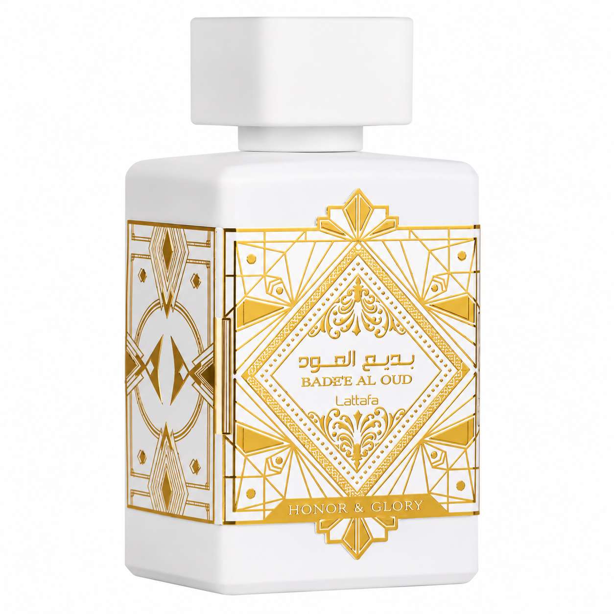 Lattafa Bade'e Al Oud Honor & Glory Eau de Parfum in an elegant white bottle with intricate gold detailing, presented on a clean white background. A luxurious oriental fragrance showcased in a premium high-resolution studio product image.