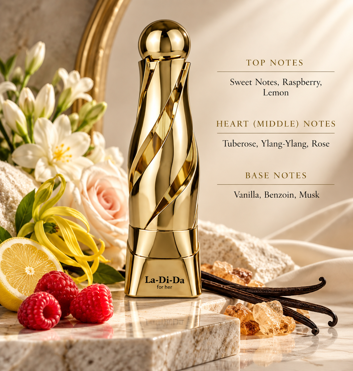 Arabiyat Prestige La Di Da Femme presented in a soft, luxurious floral setting inspired by its feminine gourmand-floral composition. Sweet notes, raspberry and lemon open the fragrance, followed by tuberose, ylang-ylang and rose. Vanilla, benzoin and musk create a warm, creamy and sensual base.