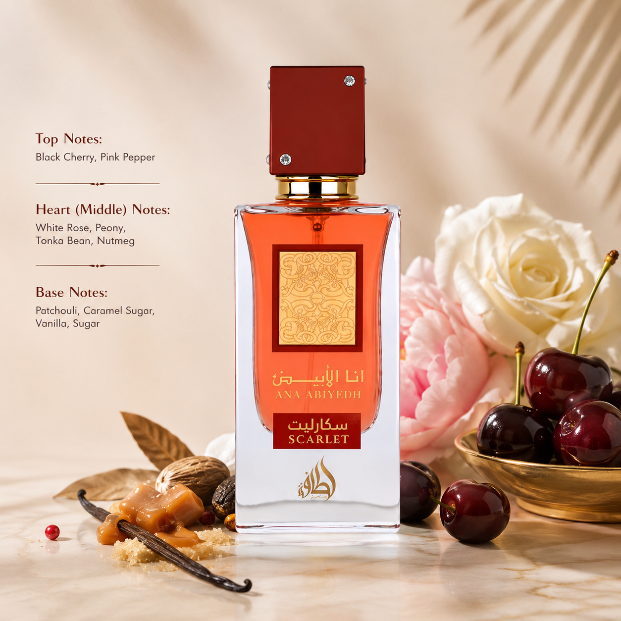 Ana Abiyedh Scarlet perfume by Lattafa displayed in an elegant luxury composition with black cherries, white rose, peony, vanilla, caramel, nutmeg, and patchouli notes. Premium fragrance bottle presented on a refined marble surface with a soft beige background, highlighting its sweet floral gourmand character.