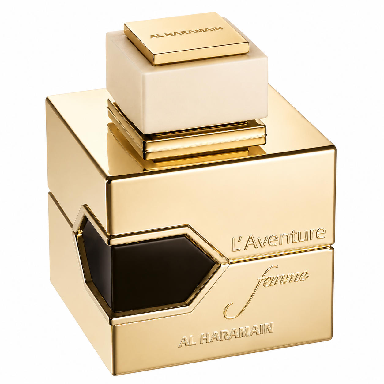 Al Haramain L’Aventure Femme perfume in a luxurious gold geometric bottle with cream cap and dark accent detailing, photographed on a clean white background.