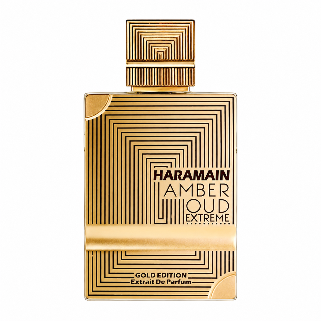 Al Haramain Amber Oud Extreme Gold Edition Extrait de Parfum in a luxurious gold bottle with geometric black detailing, photographed on a clean white background.