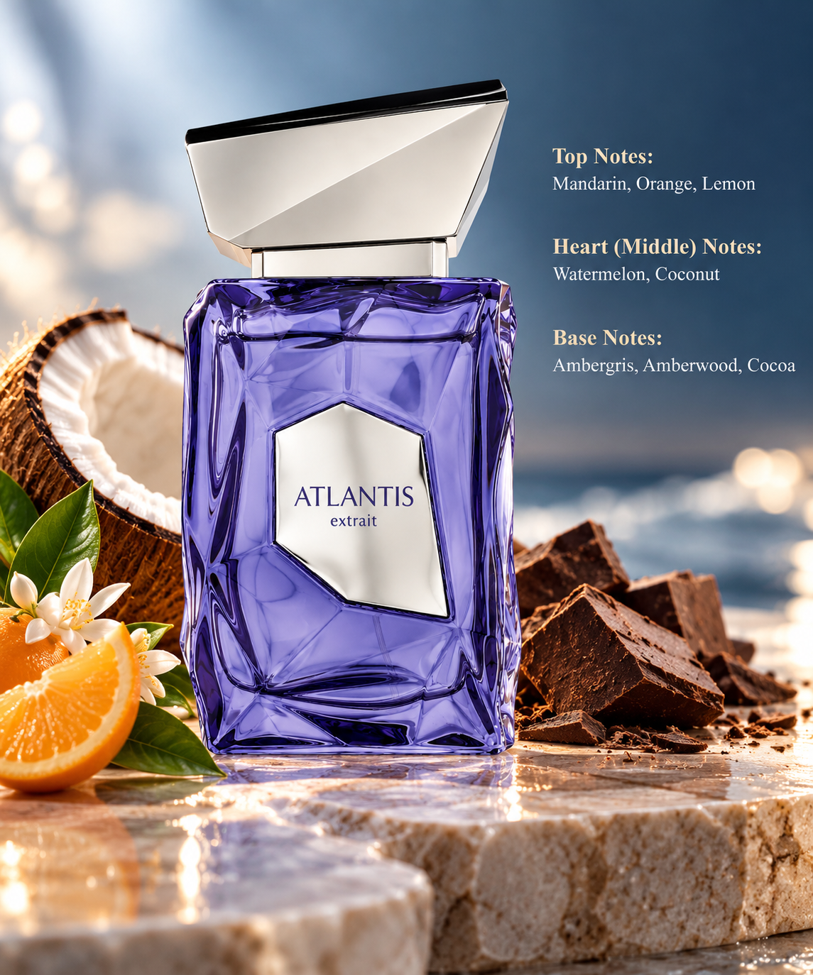 Atlantis Extrait perfume displayed in a luxurious coastal setting with fresh orange slices, coconut, delicate white flowers and dark cocoa pieces. The violet-blue bottle highlights a refreshing citrus, tropical coconut and watermelon fragrance with warm amberwood and ambergris base notes.