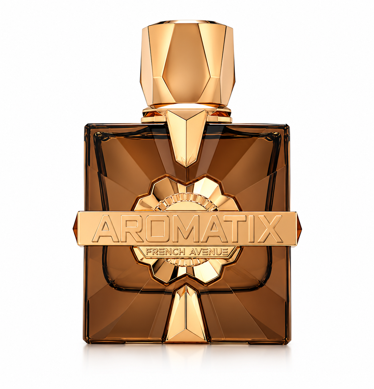 French Avenue Aromatix luxury perfume featuring an elegant amber-brown transparent glass bottle with a geometric design, faceted metallic gold cap and prominent gold Aromatix branding. Premium fragrance bottle photographed against a pure white background, highlighting its sophisticated details.