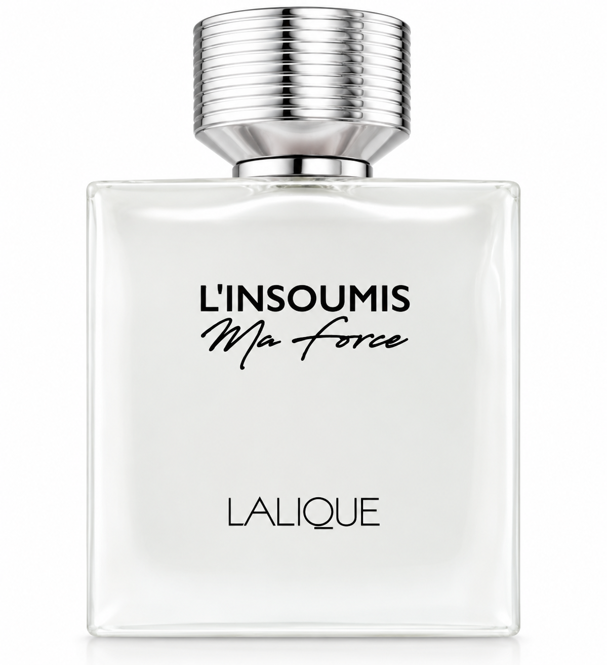Lalique L’Insoumis Ma Force perfume in a clear rectangular glass bottle with minimalist black lettering and a distinctive ribbed silver cap, photographed on a clean white background.