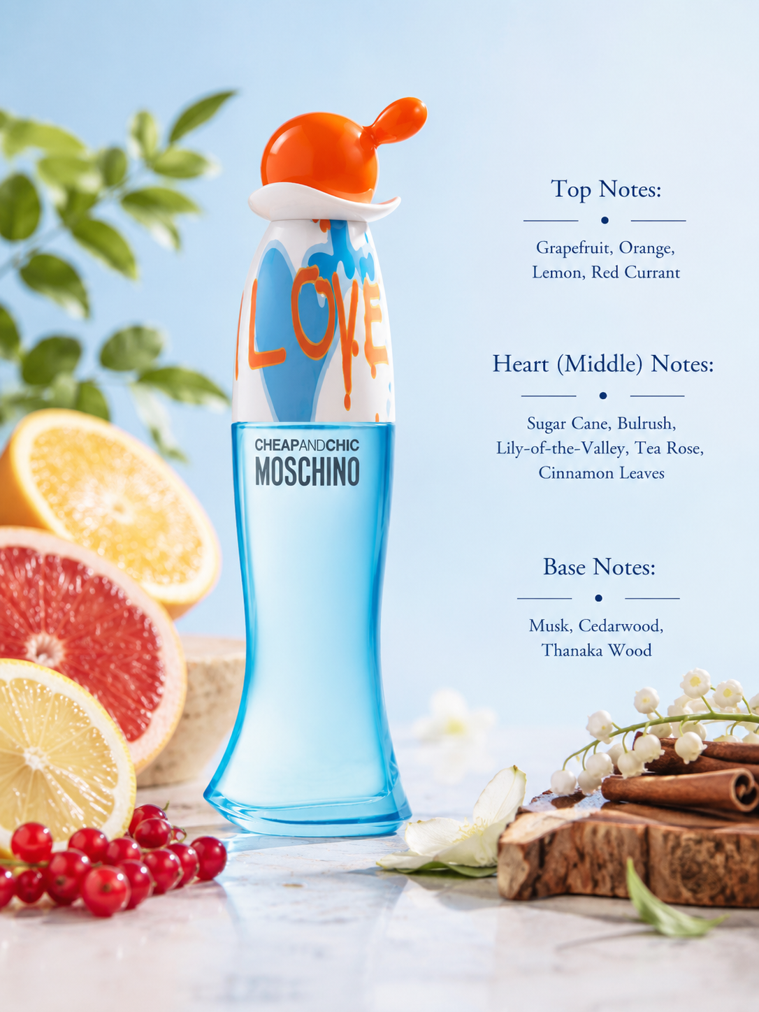 Moschino Cheap & Chic I Love Love Eau de Toilette displayed with fragrance notes, surrounded by grapefruit, orange, lemon, red currants, lily-of-the-valley, tea rose, cinnamon leaves, cedarwood, and musk, highlighting its vibrant citrus-floral fragrance with fresh fruity and soft woody accords.