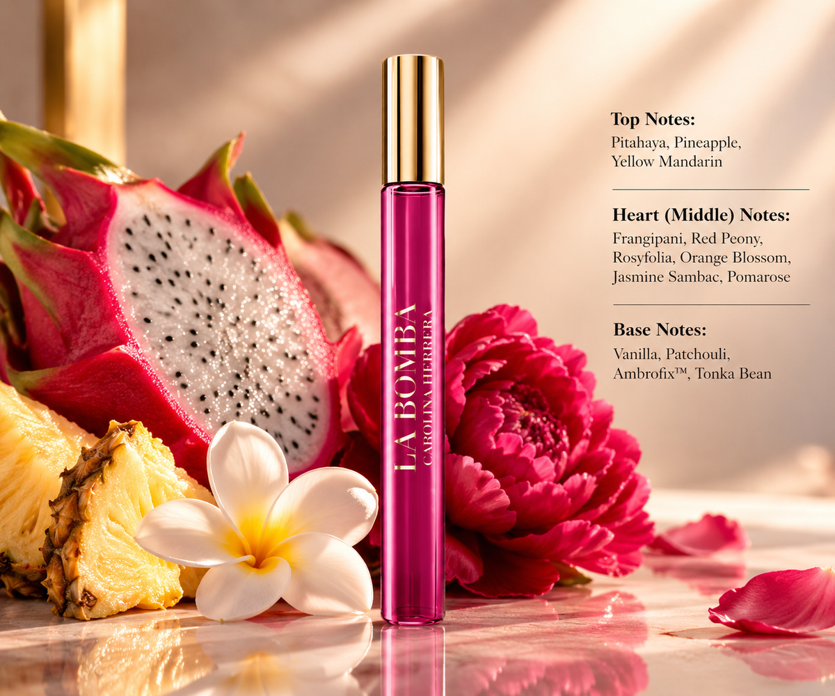 Carolina Herrera La Bomba perfume travel spray displayed with pitahaya, pineapple, frangipani, peony and vanilla-inspired elements in a warm, vibrant setting reflecting its fruity floral fragrance profile.