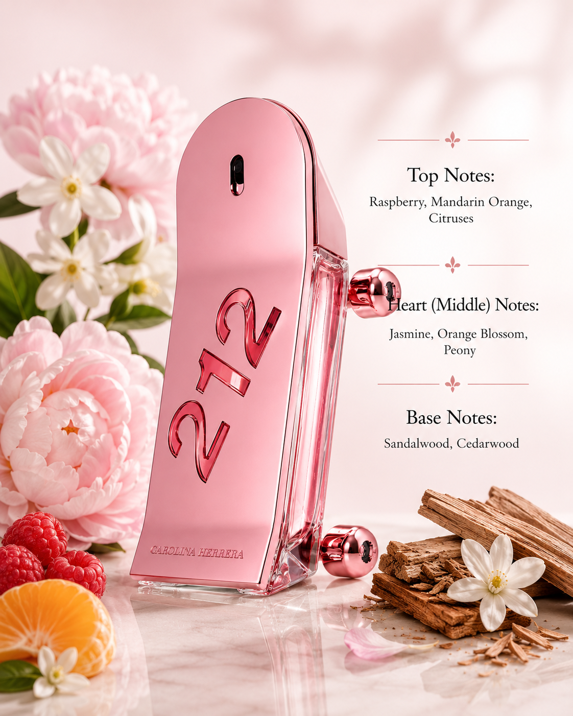 Carolina Herrera 212 Heroes For Her 30ml EDP displayed on a polished marble surface surrounded by juicy raspberries, fresh mandarin orange, delicate citrus slices, blooming peonies, jasmine, orange blossom, creamy sandalwood and warm cedarwood, creating a bright, joyful and feminine atmosphere that perfectly reflects its vibrant floral fruity fragrance.