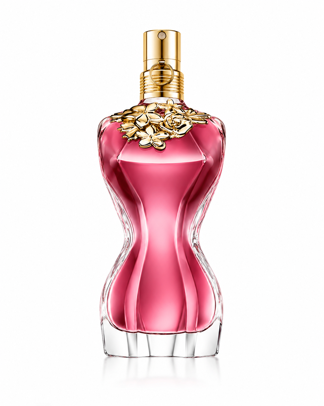Jean Paul Gaultier Classique EDT women's perfume in iconic pink corset bottle with gold floral collar on white background.