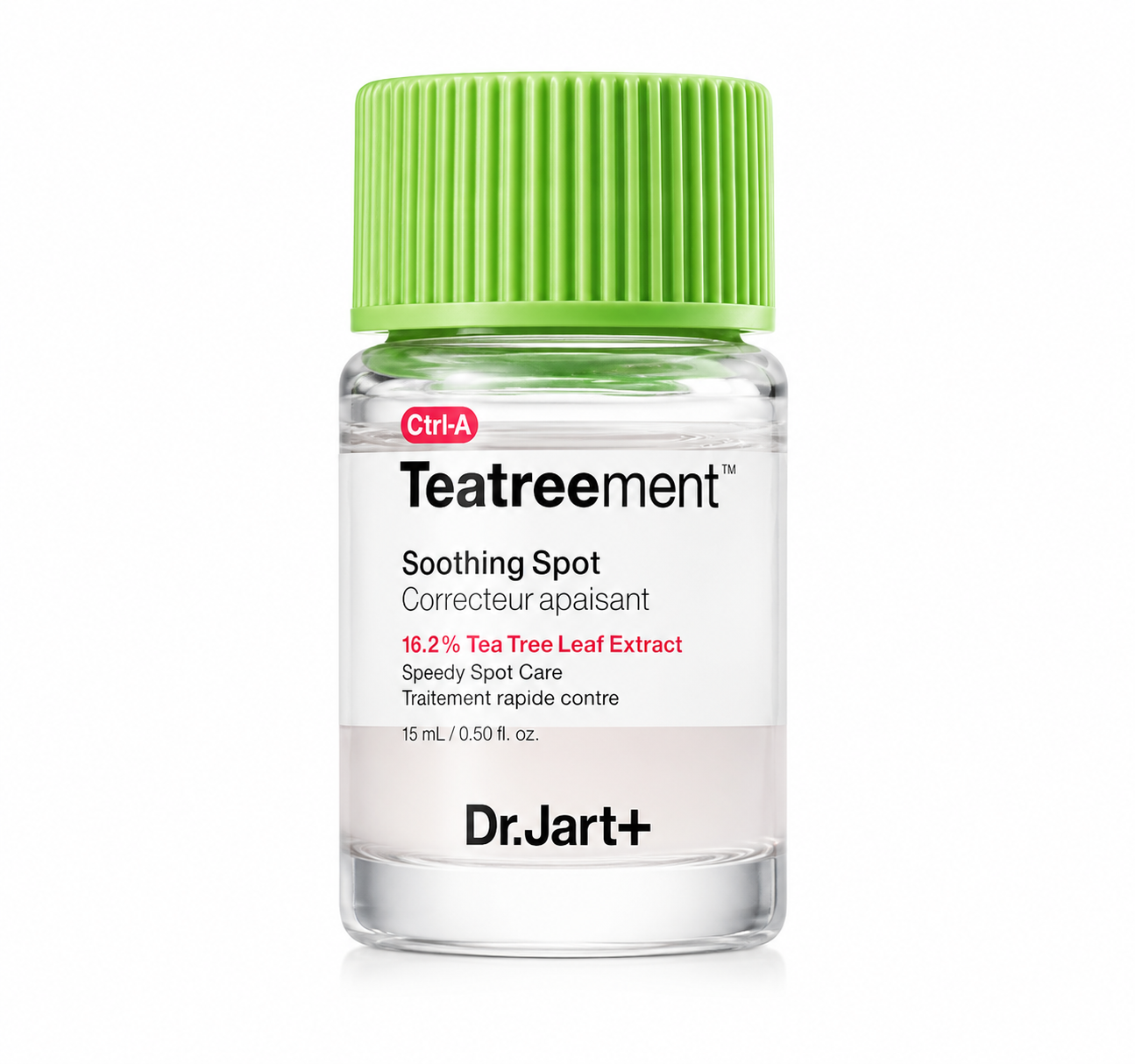Dr.Jart+ Ctrl-A Teatreement Soothing Spot 15ml on a pure white background, featuring a targeted spot treatment enriched with 16.2% Tea Tree Leaf Extract to calm blemishes, reduce visible redness, soothe irritation, help control excess oil and support clearer, healthier-looking skin.