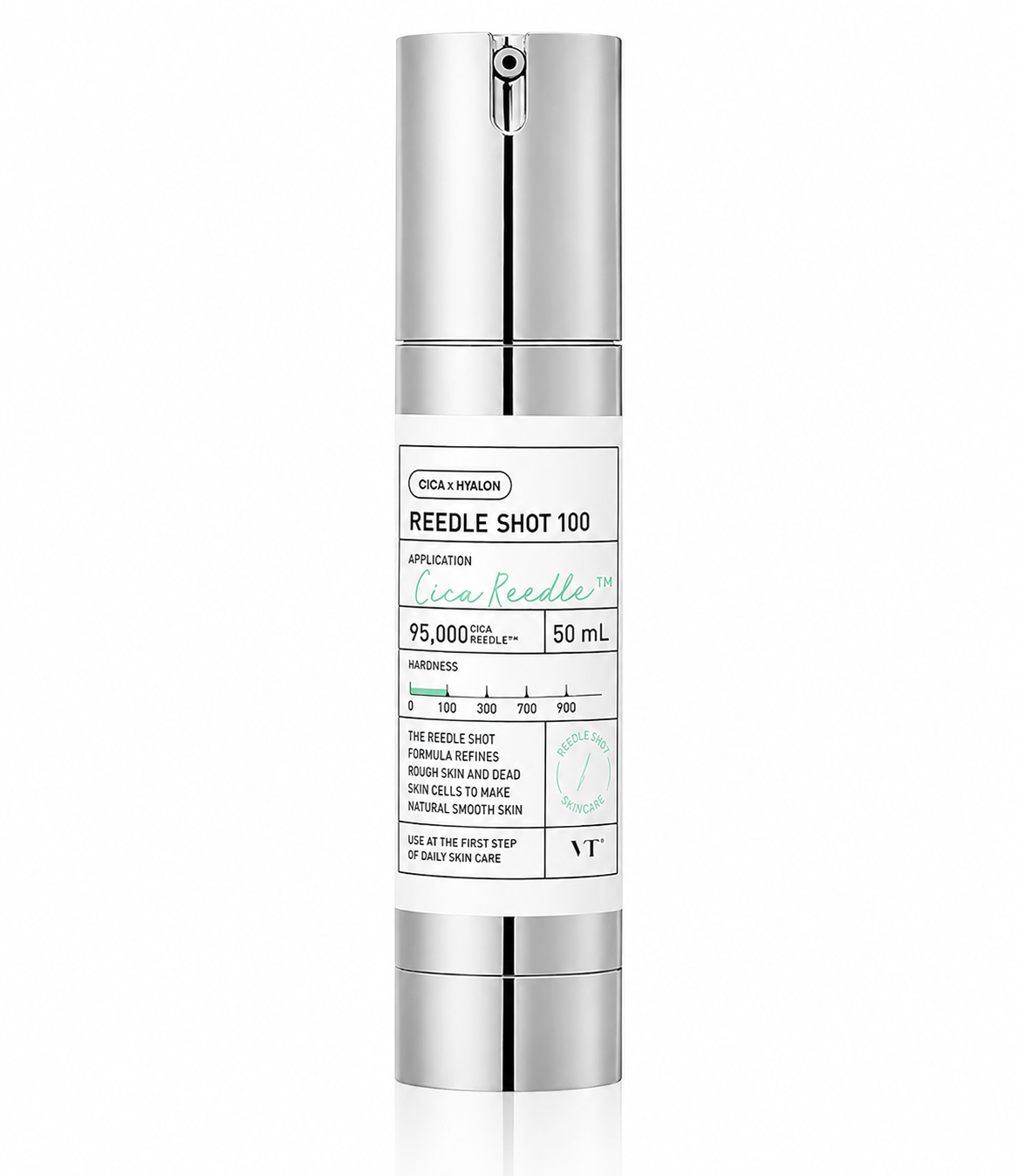 VT Cosmetics Reedle Shot 100 50ml skincare treatment on a pure white background, featuring an advanced Cica Reedle™ micro-spicule serum formulated with Centella Asiatica, hyaluronic acid and soothing ingredients to gently refine skin texture, support cell turnover, minimize the appearance of pores, improve absorption of subsequent skincare products and promote a smoother, healthier-looking complexion.