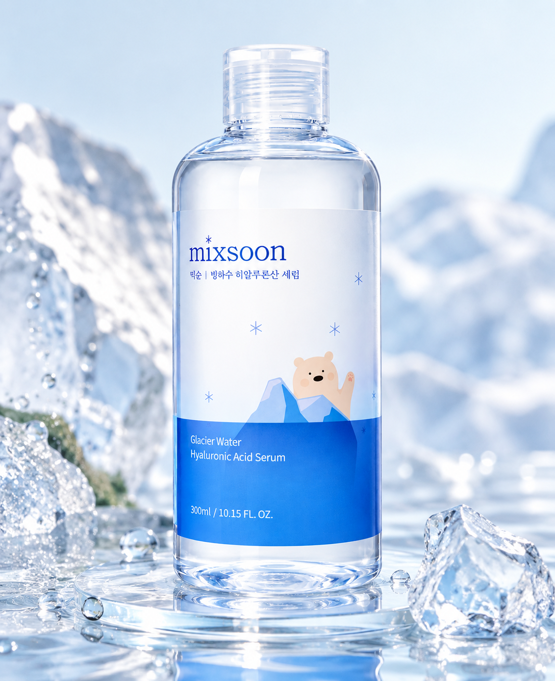 mixsoon Glacier Water Hyaluronic Acid Serum 300ml displayed in a refreshing icy setting with crystal ice, water droplets and cool blue tones, highlighting its hydrating Korean skincare concept.