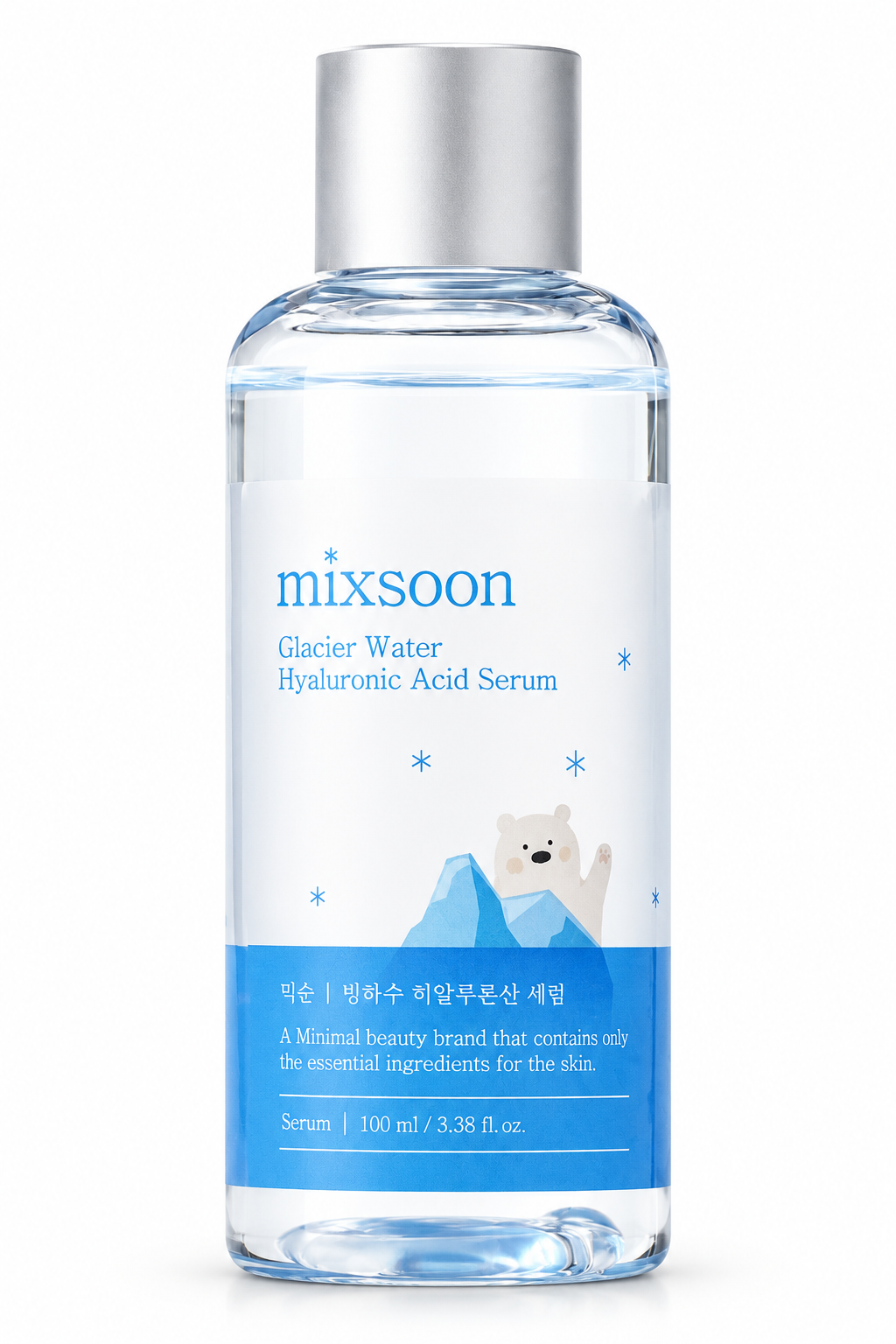 Mixsoon Glacier Water Hyaluronic Acid Serum 100ml, Korean hydrating facial serum in a transparent bottle with a silver cap and blue polar bear label, photographed on a pure white background. K-beauty skincare for intense hydration, moisture retention and plump, refreshed-looking skin.