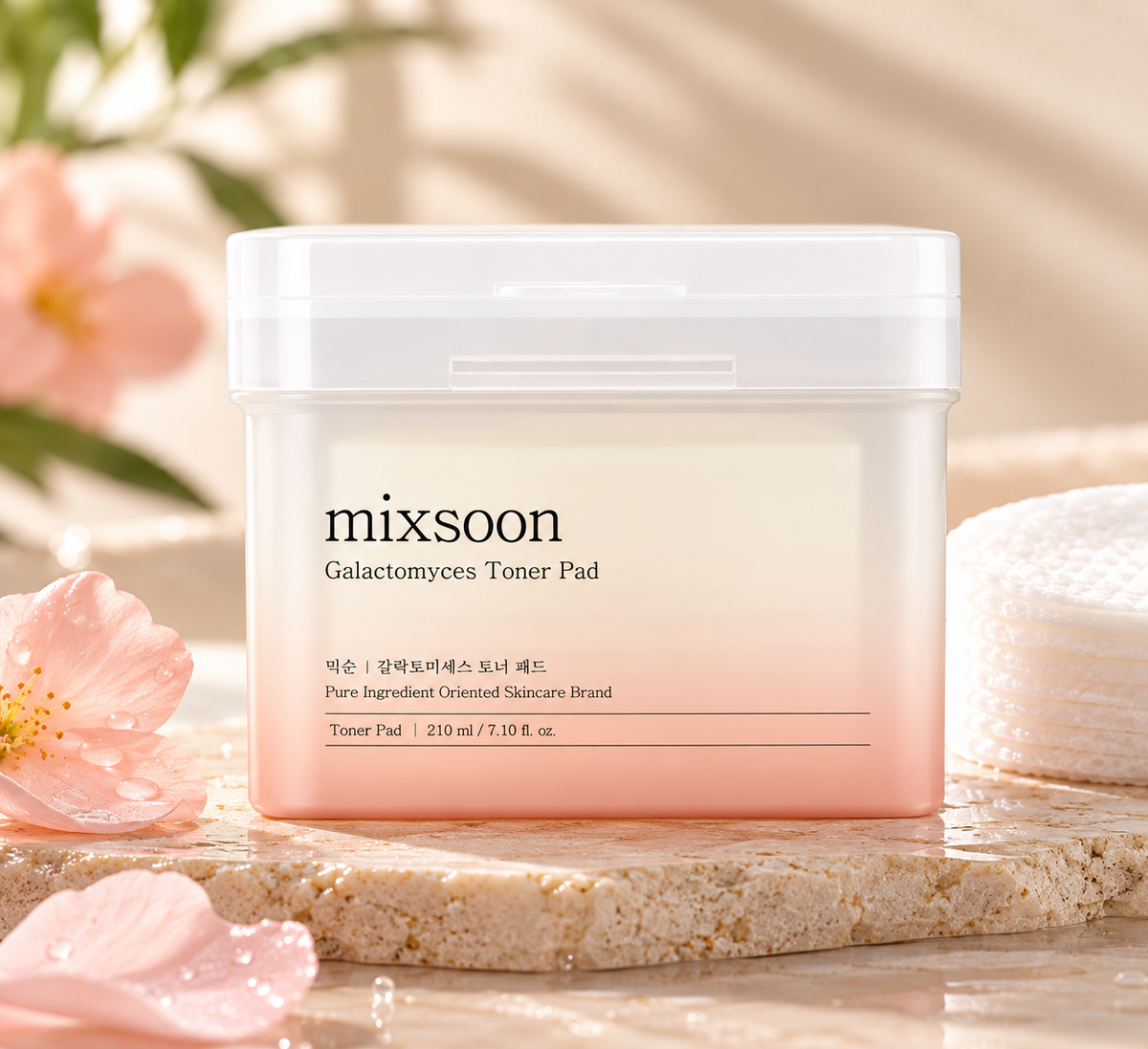 Mixsoon Galactomyces Toner Pad 210ml Korean skincare toner pads in a minimalist white and soft pink container, displayed on natural beige stone with delicate pink blossoms, water droplets and folded white towels. An elegant K-beauty skincare composition with warm lighting and a luxurious spa-inspired aesthetic, highlighting hydration, skin radiance and a smoother-looking complexion.