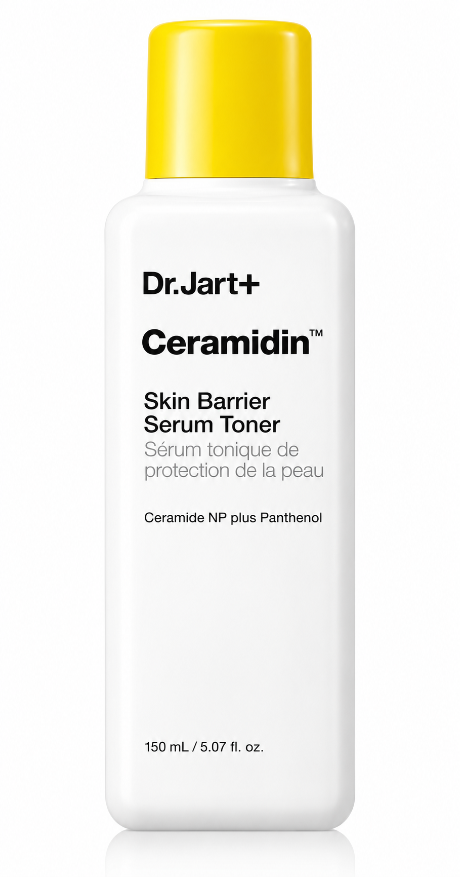 Dr.Jart+ Ceramidin Skin Barrier Serum Toner with Ceramide NP and Panthenol, presented in its original white bottle with a vibrant yellow cap on a pure white background, showcasing a barrier-strengthening, deeply hydrating Korean skincare toner designed to nourish and protect dry, sensitive skin.