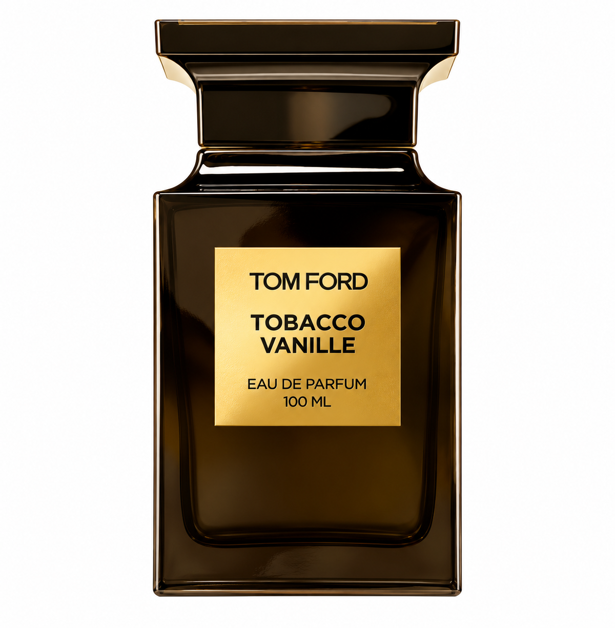 Tom Ford Tobacco Vanille 100ml Eau de Parfum in the signature Private Blend dark amber-brown glass bottle, finished with a substantial rectangular cap and luxurious gold label with black lettering, presented on a clean white background.