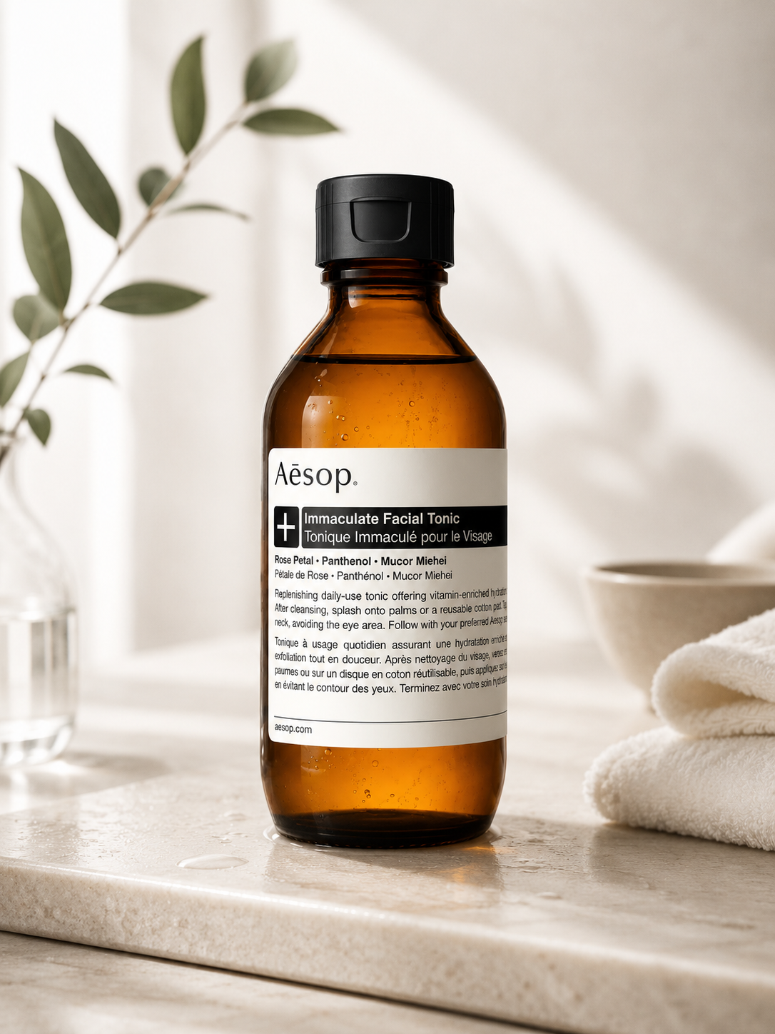 Aesop Immaculate Facial Tonic displayed on a natural stone countertop in a serene, spa-inspired skincare setting with soft natural light, botanical greenery, a ceramic bowl, and neatly folded white towels. The warm minimalist styling highlights the amber bottle and conveys the toner's hydrating, balancing, and refreshing benefits as part of a daily skincare routine.