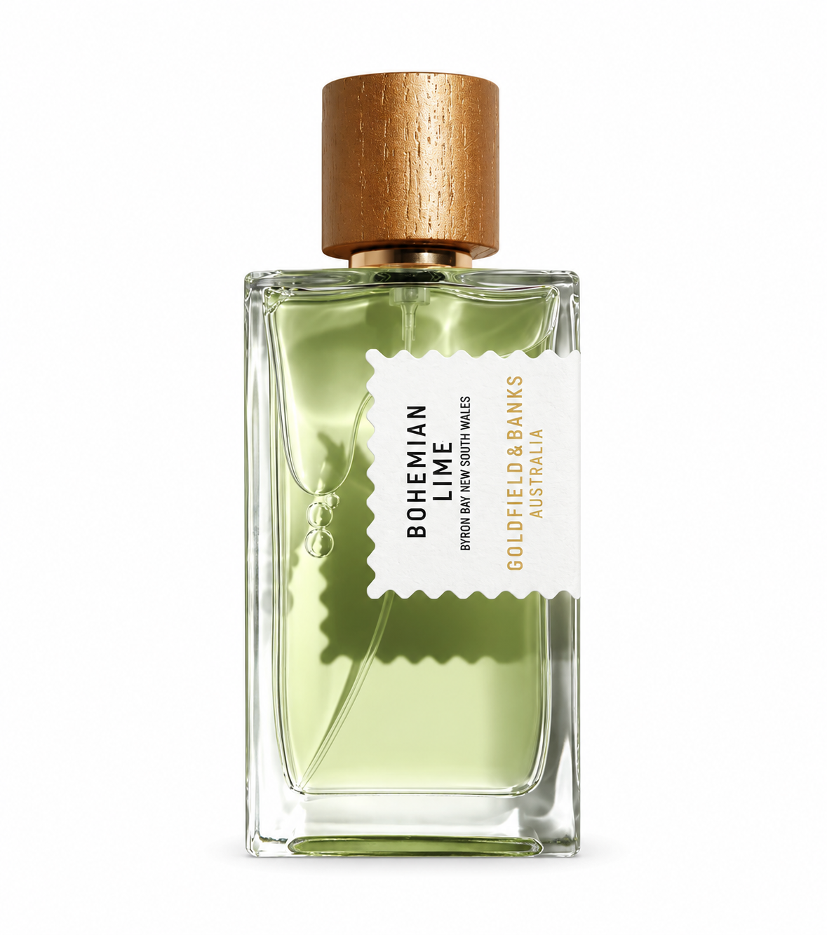 Goldfield & Banks Bohemian Lime Eau de Parfum in a transparent rectangular glass bottle with pale green fragrance, a natural wooden cap and signature white label. Luxury Australian citrus woody perfume presented against a pure white background.