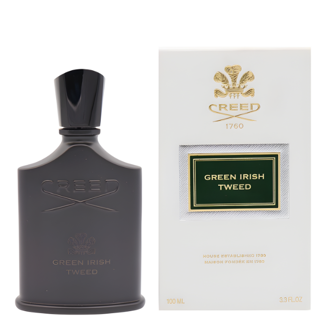 Creed Green Irish Tweed perfume bottle and packaging on a white background
