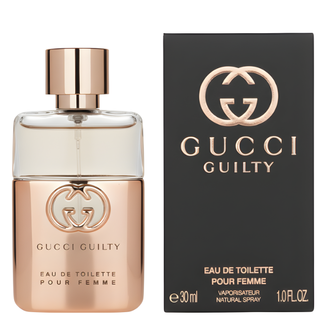 Gucci Guilty 30ml Eau de Toilette bottle with a rose-gold metallic bottom and clear glass top, standing next to its official matte black box with a rose-gold interlocking G logo.