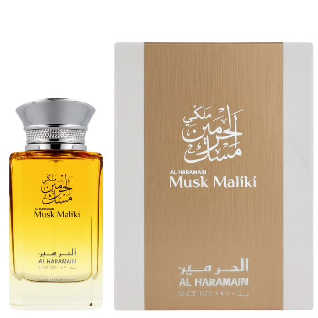 Al Haramain Musk Maliki 100ml Eau De Parfum in a clear rectangular glass bottle with golden liquid and a crystal-encrusted silver cap, standing next to its white and metallic gold box.