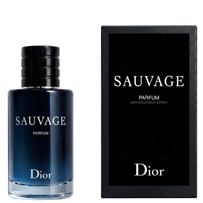 A heavy cylindrical glass bottle of Dior Sauvage Parfum featuring a deep midnight-blue-to-black gradient, topped with a ridged black magnetic cap and displaying the silver "PARFUM" designation.