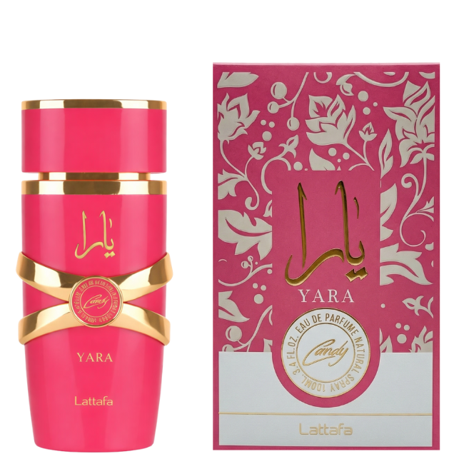 Pink Yara Lattafa perfume bottle and packaging with gold accents on a white background